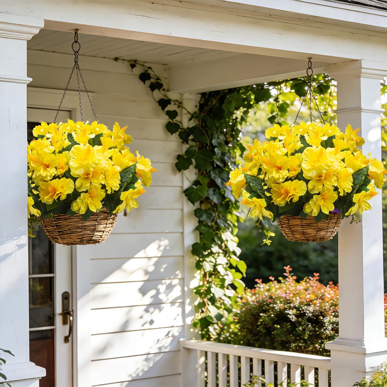 Grunyia Artificial Hibiscus Flowers 5 Bundles, UV Resistant Fake Tropical Flowers Realistic Silk Blooms for Outdoor Planter Garden Patio Porch Window Box Home Decor (Yellow)