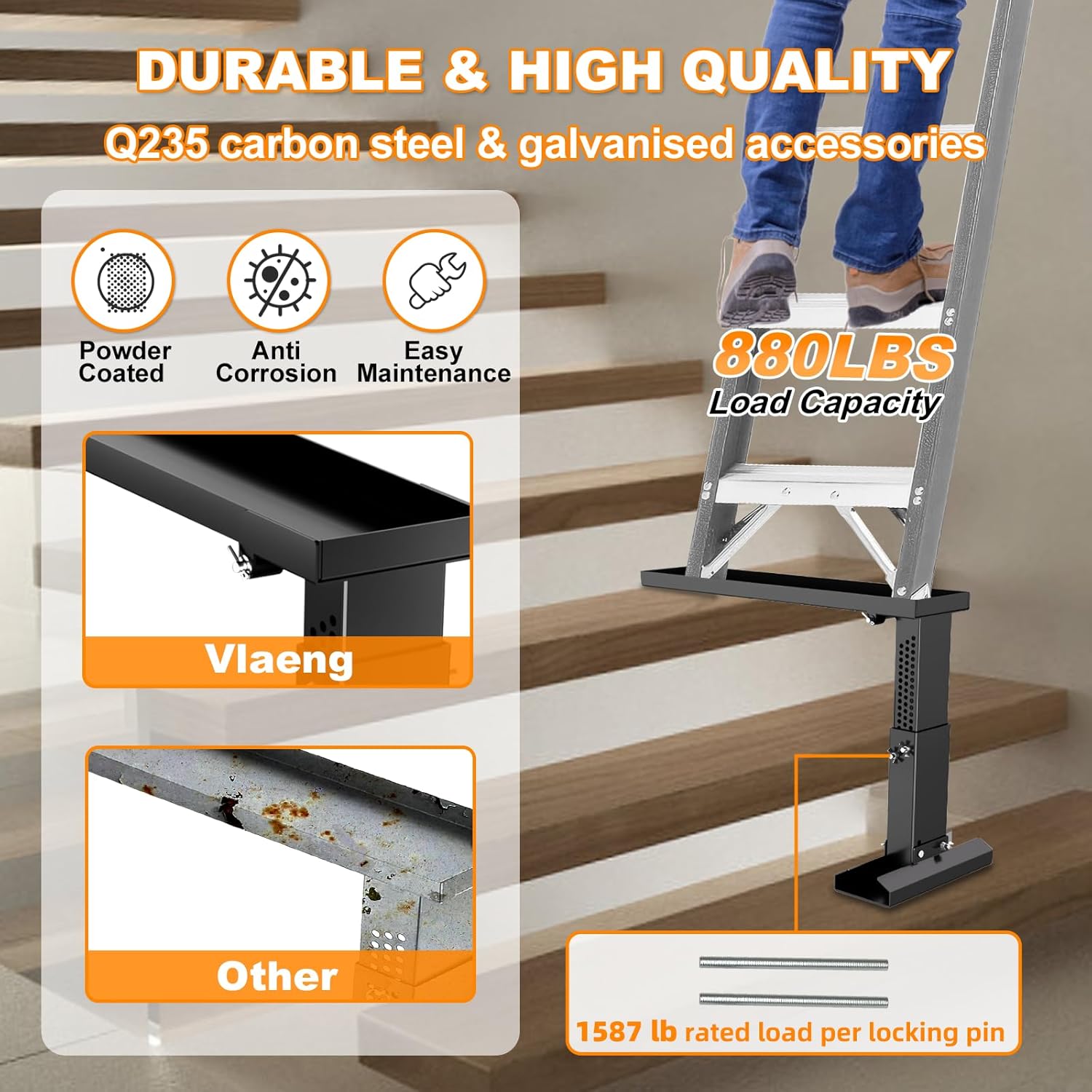 Foldable Heavy Duty Ladder Extender Pro-Adjustable Height 11.8-19.1", Ladder Leveler for Stair-Ladder Aide-Ladder Leveler for Extension Ladders with 23.7x7.5" Platform-Non-Slip Mat-Holds up to 880lbs