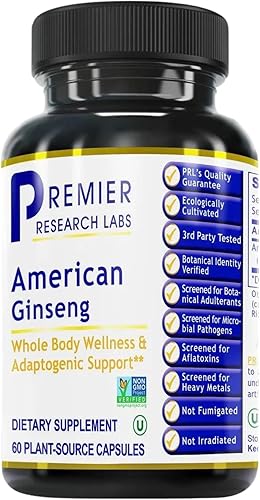 Premier Research Labs Suplemento de ginseng americano  Cápsulas de ginseng americano, píldoras de raíz de ginseng a base de hierbas, extracto de