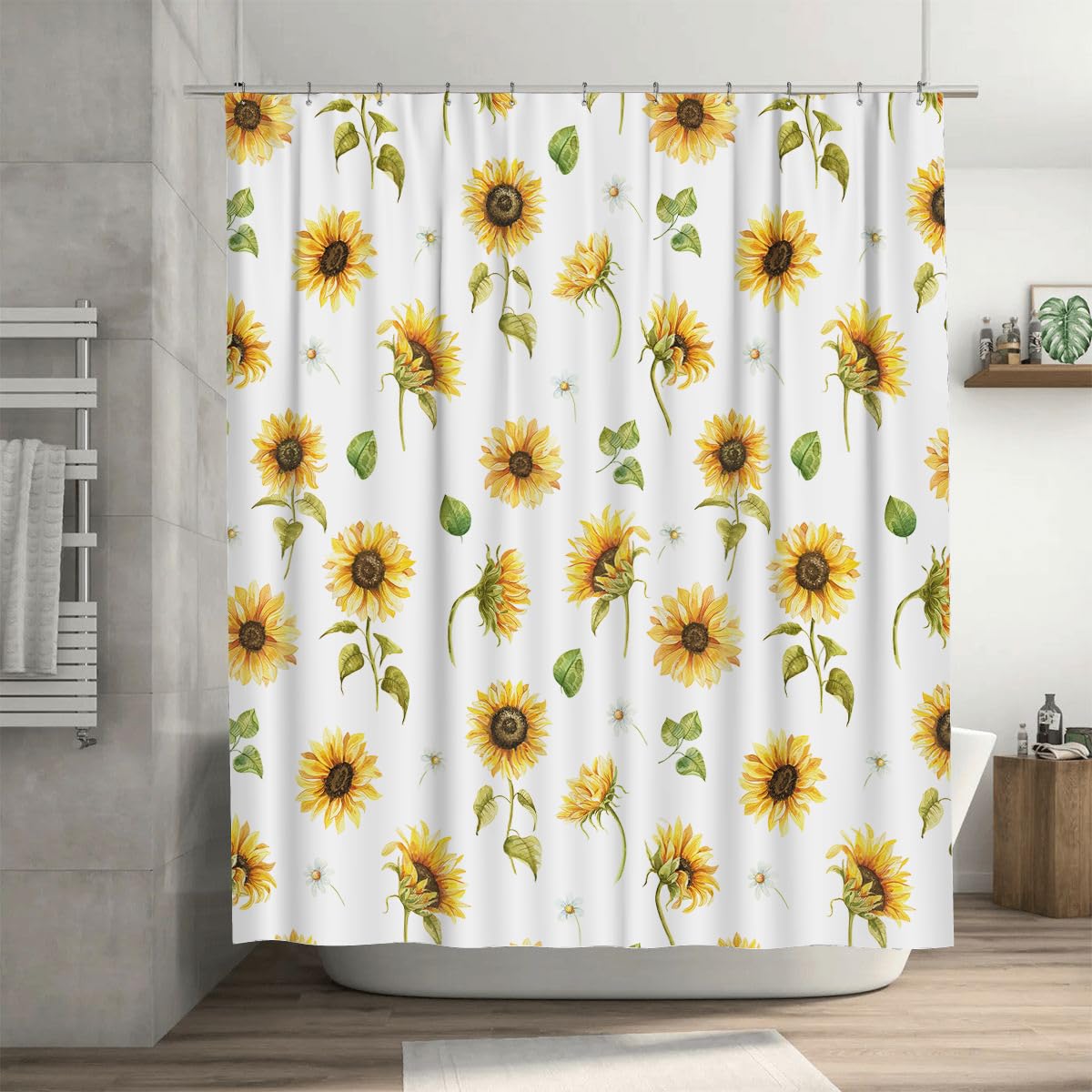 Ansouyi Watercolor Sunflower Shower Curtain Set with 12 Hooks, Bath Curtains Waterproof Polyester Fabric, Home Bathroom Bathtubs Decor Washable Durable Fabric, 72" Wx72 L