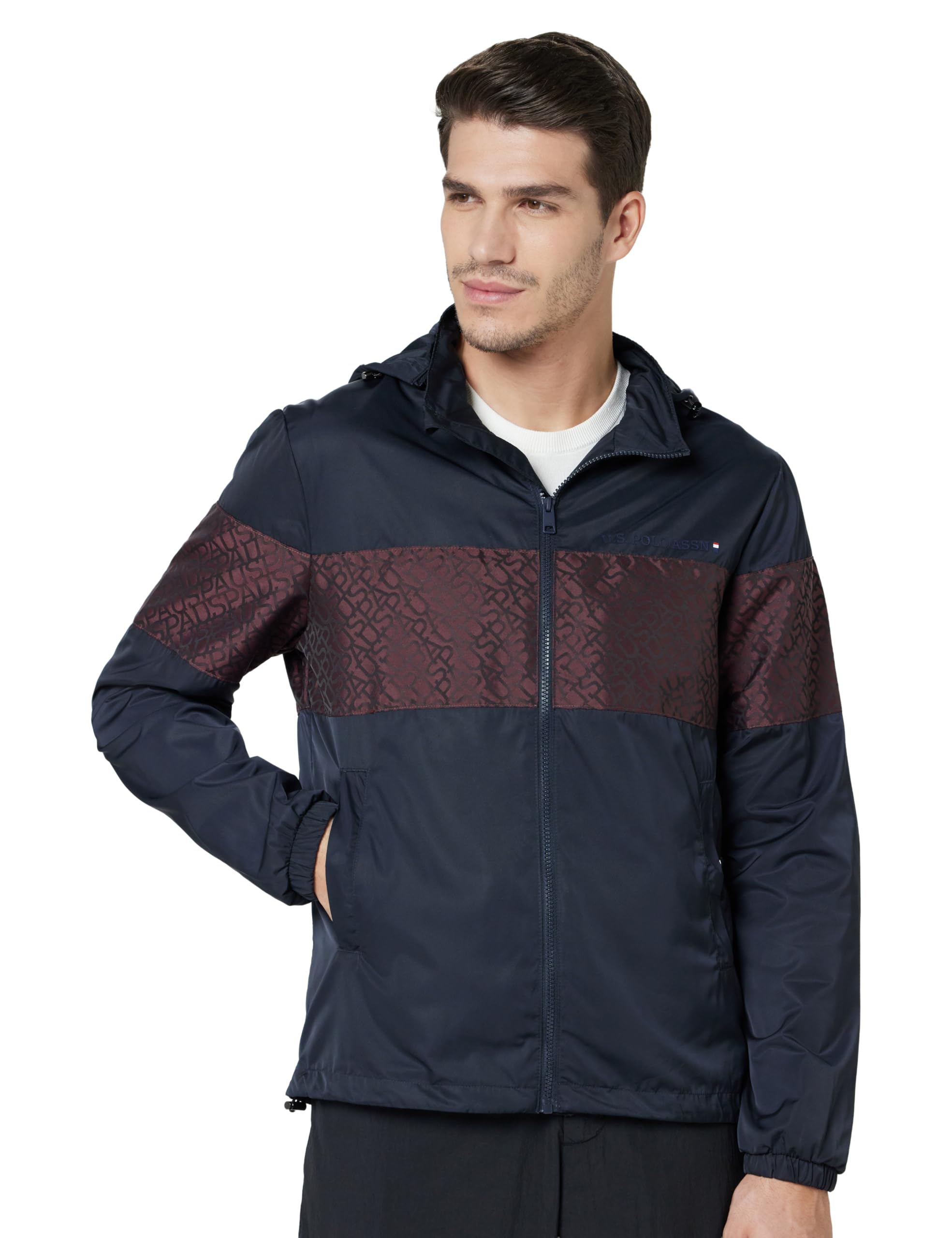 men's polyester standard length light weight jacket with hood