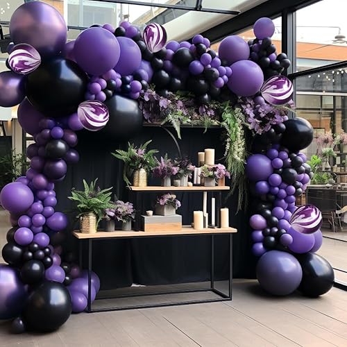 Miniatura 8 de Guirnalda de globos negros y morados, globos de doble relleno, color morado oscuro, globos de mármol de diferentes tamaños, kit de arco para