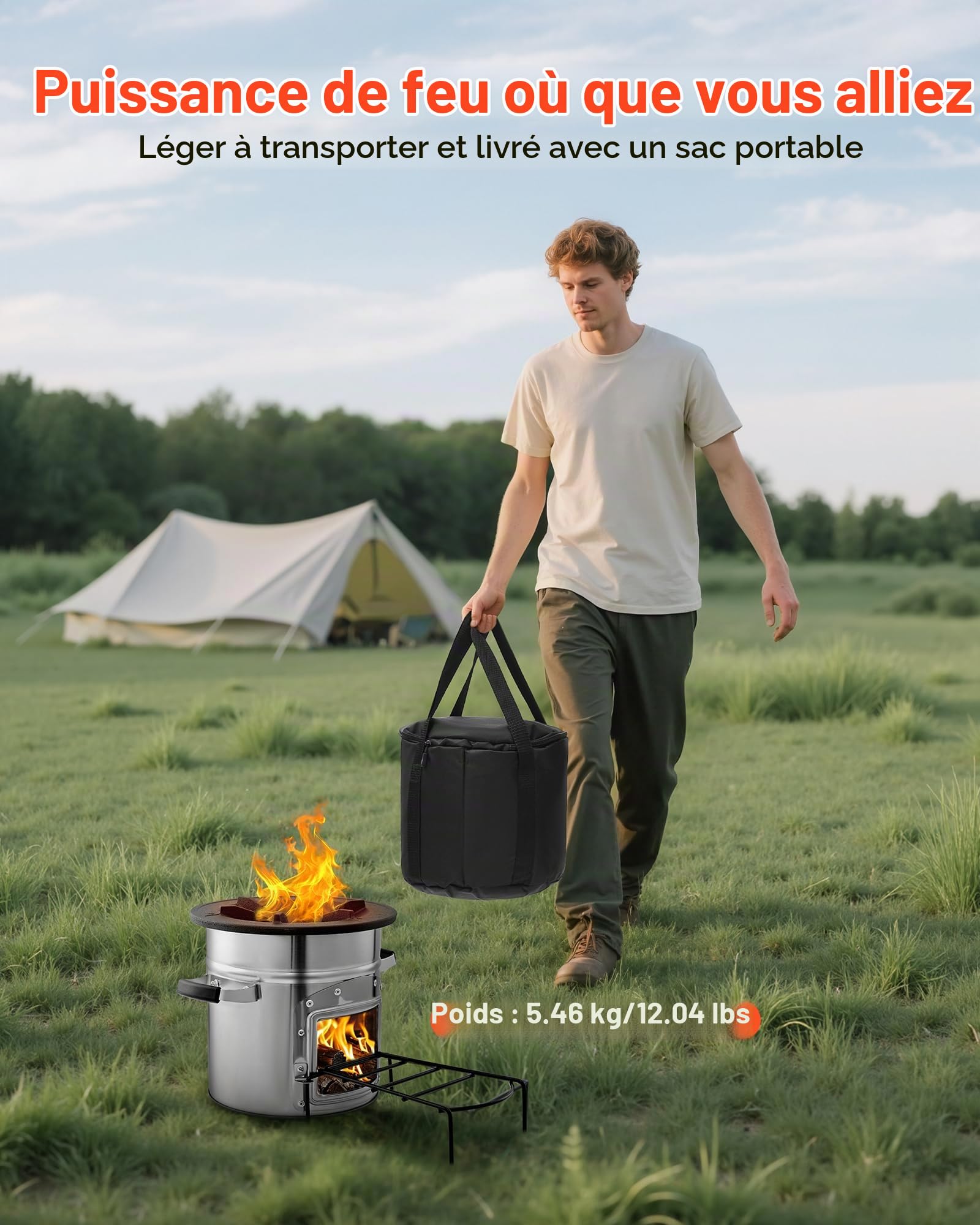 VEVOR Réchaud Camping Rocket, Poêle à Bois Portable en Acier Inoxydable, avec Sac de Transport, Porte Simple, Réchaud à Fusée pour Cuisine et Chauffe en Plein Air, Randonnée, dans Jardin, en Camping