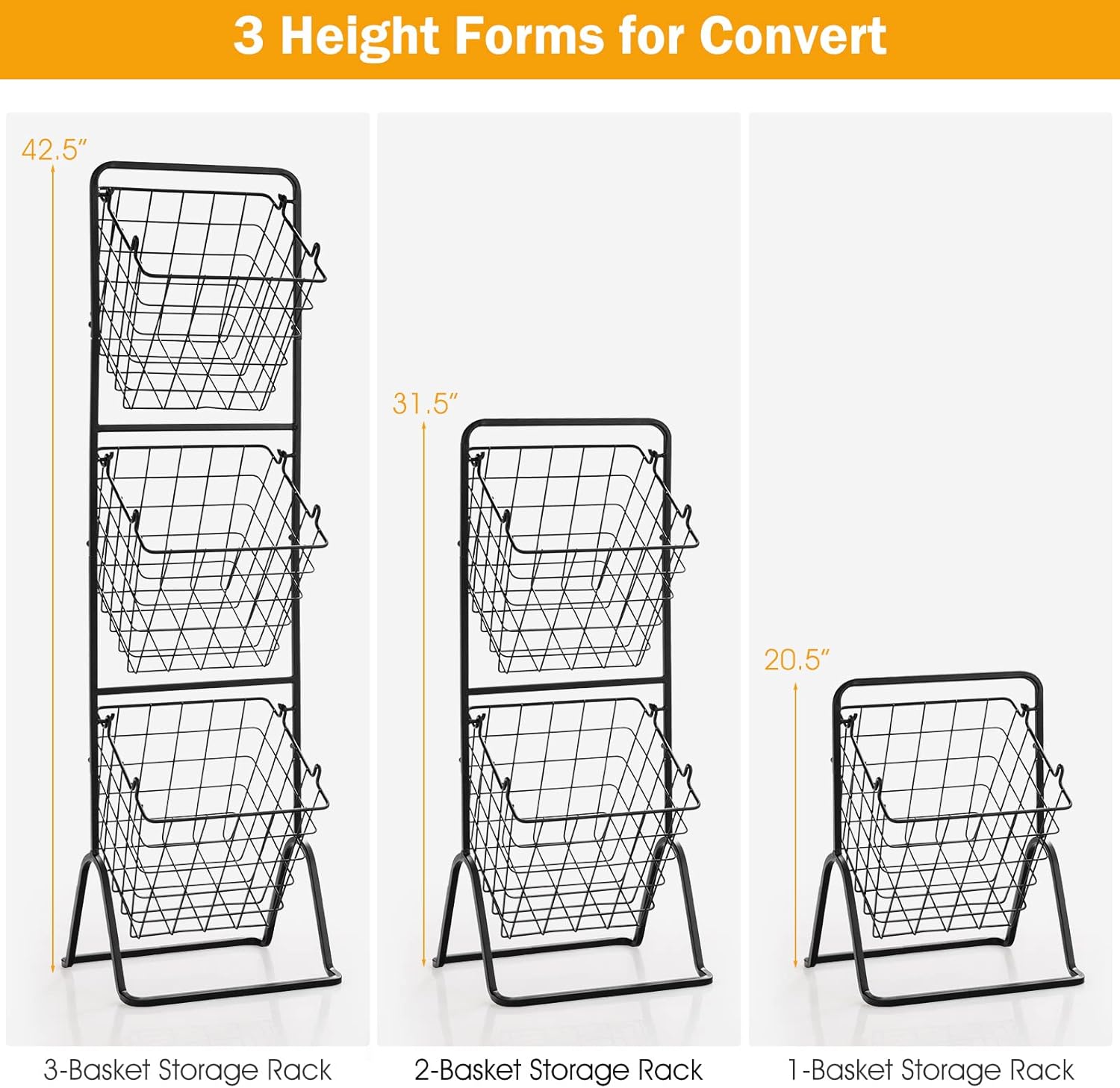 PETSITE Wire Market Basket Stand, 3-Tier Detachable Fruit Vegetables Storage Organizer, Multifunctional Household Organization Shelf for Kitchen Bathroom Office Pantry Floor Stand