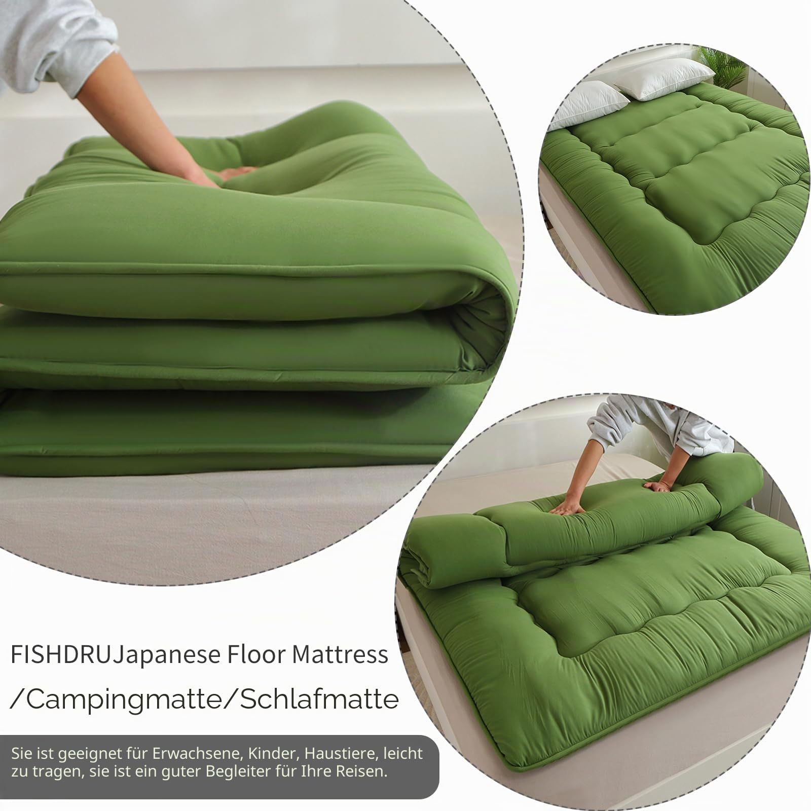 Japanische Bodenmatratze, Japanisches Bodenbett,Futon-Matratze, Tatami, faltbares Bett, aufrollbare Isomatte für Erwachsene, Gästezimmer, Schlafzimmer (Grün, 150x200 cm)