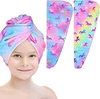 Vista 19 de Basumee Toalla Envolvente de Microfibra para el Cabello para Niños Paquete de 2 Toallas de Cabello de Secado Rápido con Botón Turbantes para Cabello