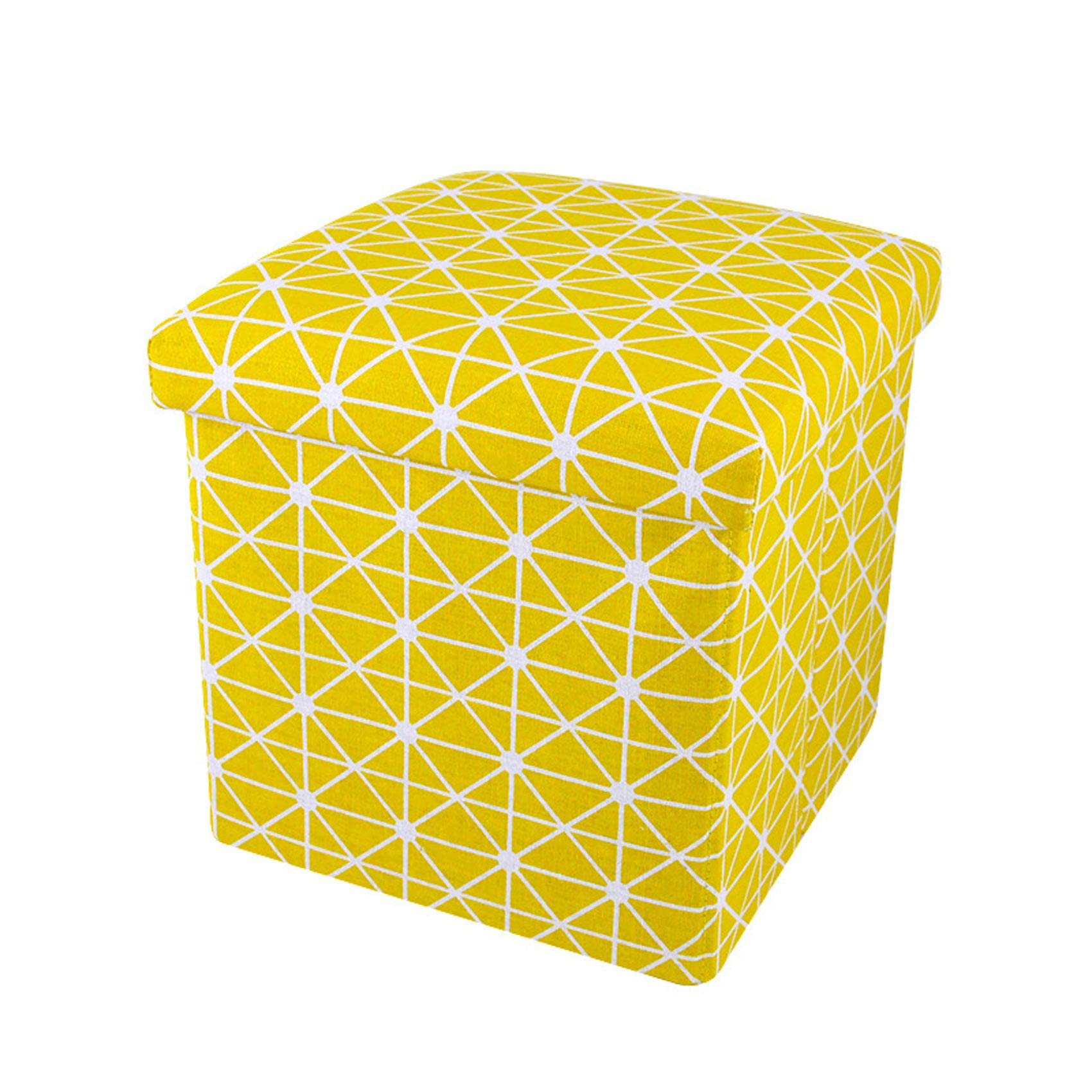Tabouret de rangement en lin avec coffre et assise géométrique jaune