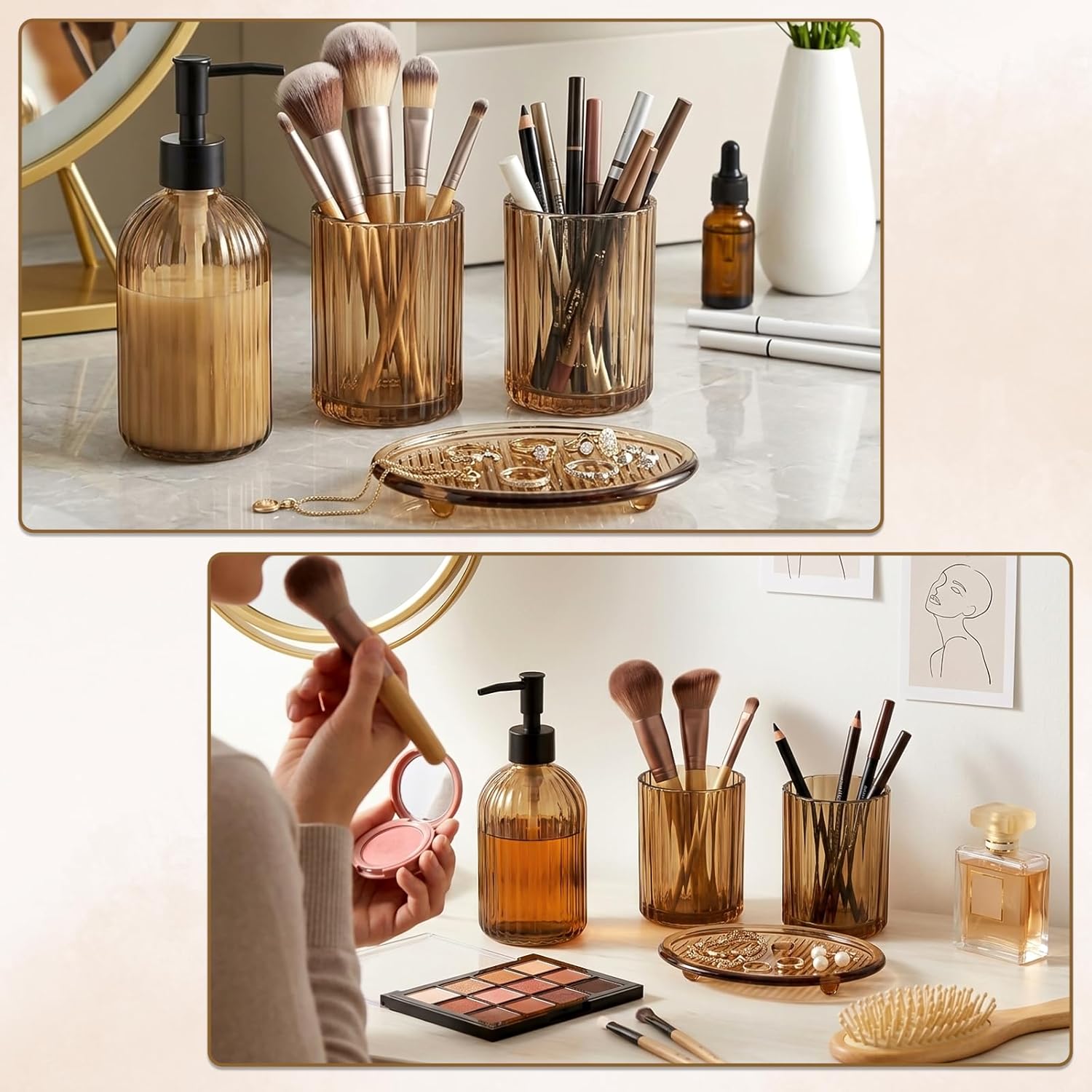 Topsky 4 Pcs Glass Bathroom Accessories Set,13.5oz Liquid Hand Soap Dispenser with Toothbrush Holder,Mouthwash Cup,Soap Dish for Bathroom Countertop,Colored Vertical Stripe Design,Heavy Weight,Amber