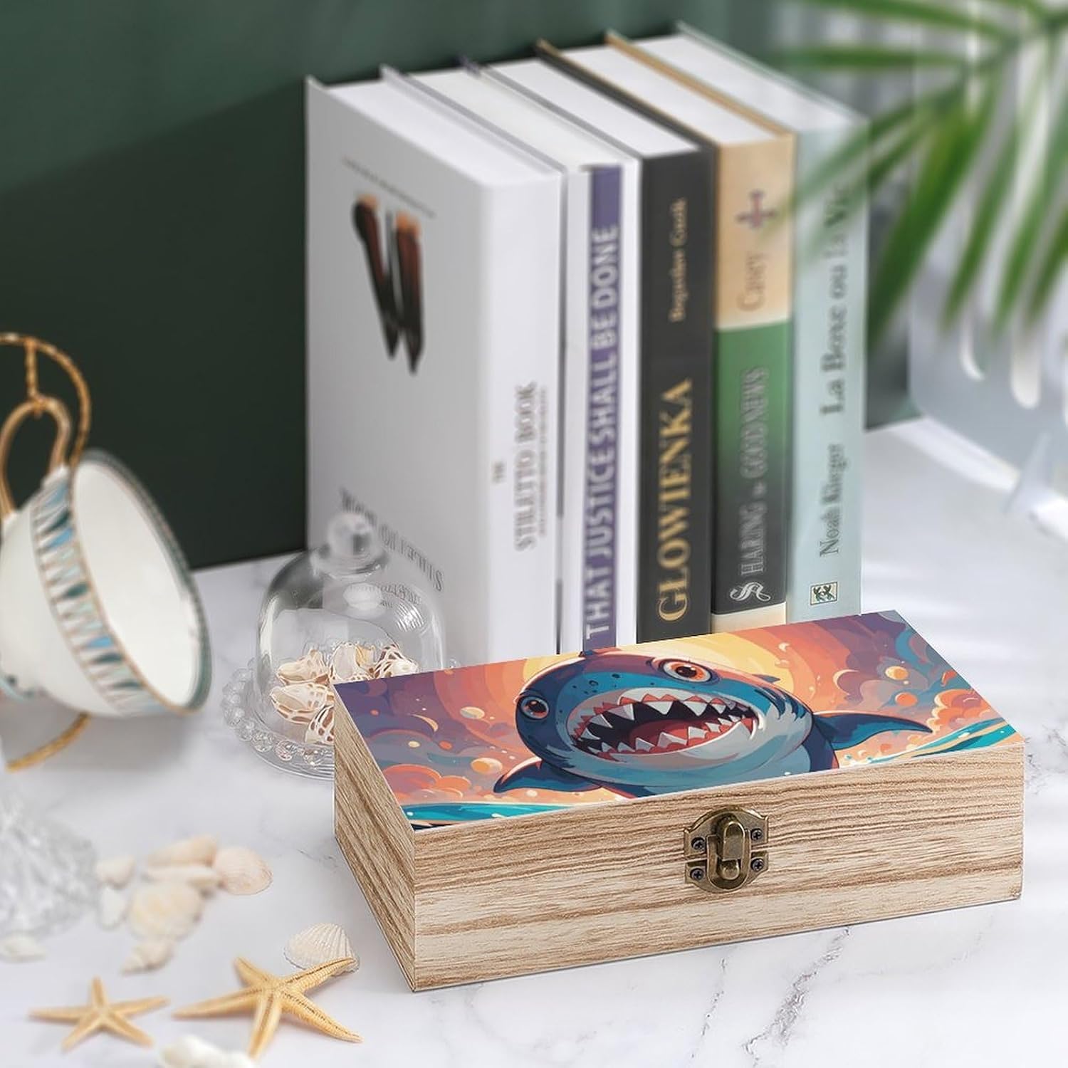 Sharks Memory Jewelry Wooden Box, Large Wooden Treasure Chest Boxes with Hinged Lid, Photos Storage Case for Women Men, Wooden Keepsake Box, 7.9'' X 3.9'' X2.3''