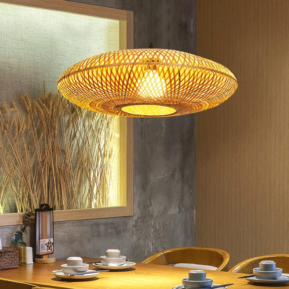 RCIDOS Bamboo Weave Pendant Luminaire Flying Saucer Antique Decor Lantern Droplight Hollow Hand-Woven Rattan Art Chandelier Japanese Style Round Wicker Hanging Light Tea Room Tavern Restaurant Bedroom