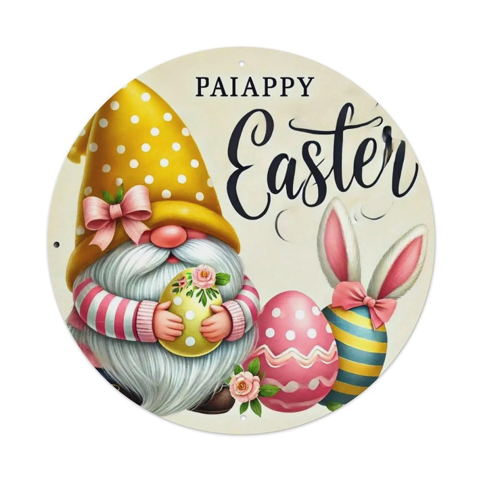 Gnome Easter Egg Bunny Spring Round Tin Sign Vintage Metal Sign Home Bar Garden Indoor & Outdoor Wall Decor Retro Metal Poster 8x8 Inch