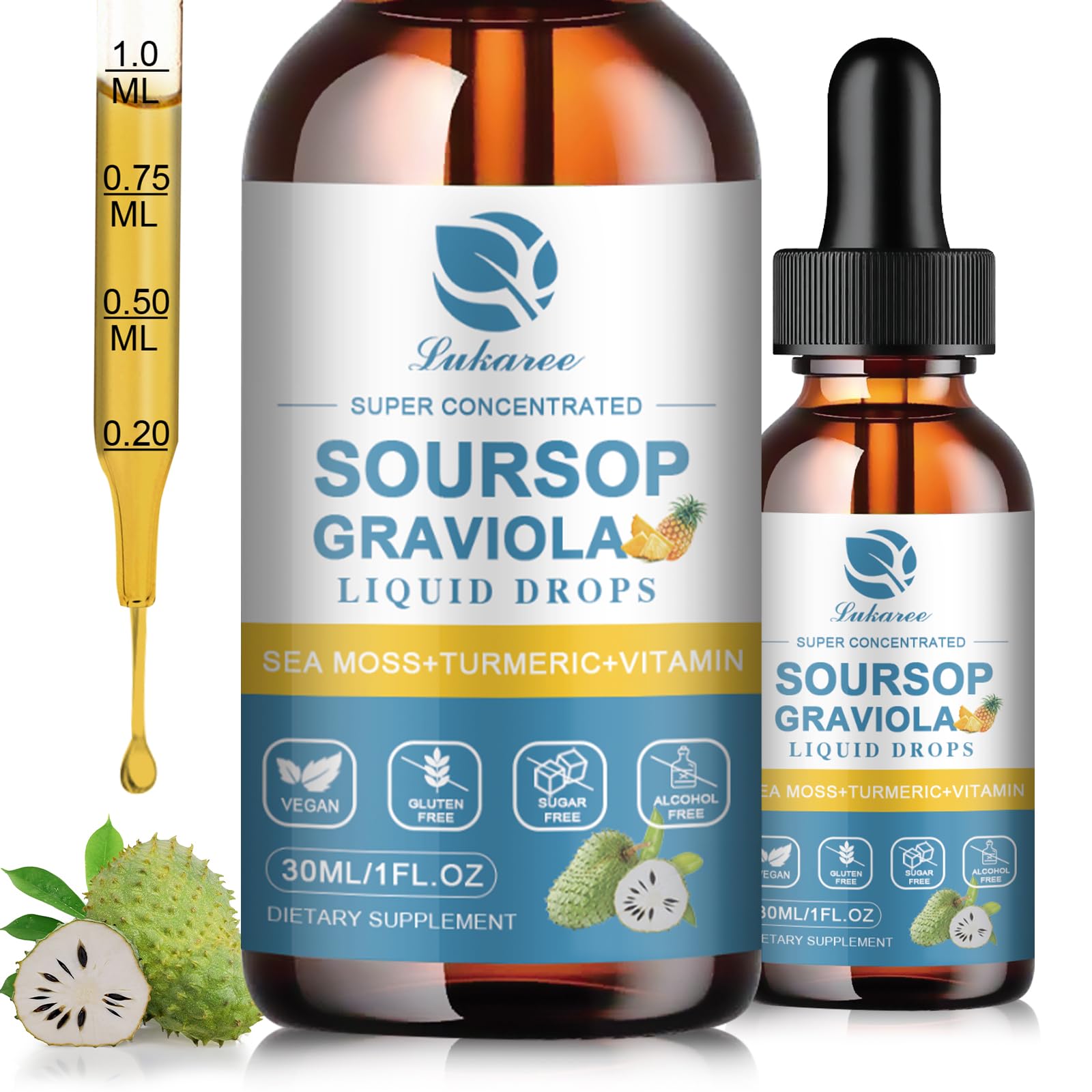 (2 Pack) Soursop Graviola Leaf Extract Liquid Drop Plus Pure Botanical Sea Moss for Cell Support & Regeneration, Immunity, Liver, Gut & Antioxidant - Soursop Bitters Liquid, Pineapple Flavor, 1 Fl Oz