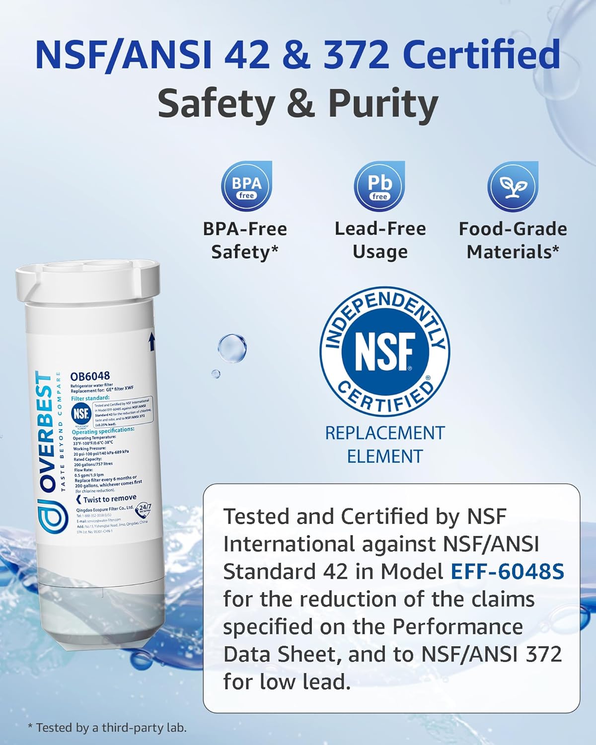 Overbest XWF Refrigerator Water Filter, Replacement for GE® WR17X30702, NSF 42/372 Certified, Compatible with GE® GNE27, GFE26, GDE25, GSS25, PSE25 Series Refrigerators, 3-Pack (No-chip)