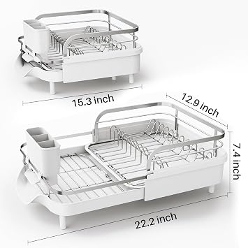 SAYZH Expandable Dish Drying Rack for Small Kitchen Counter, White | Stainless Steel, Protective Guardrail, Angled Drainboard, Fits High-Rim Sinks, Removable Utensil Holder