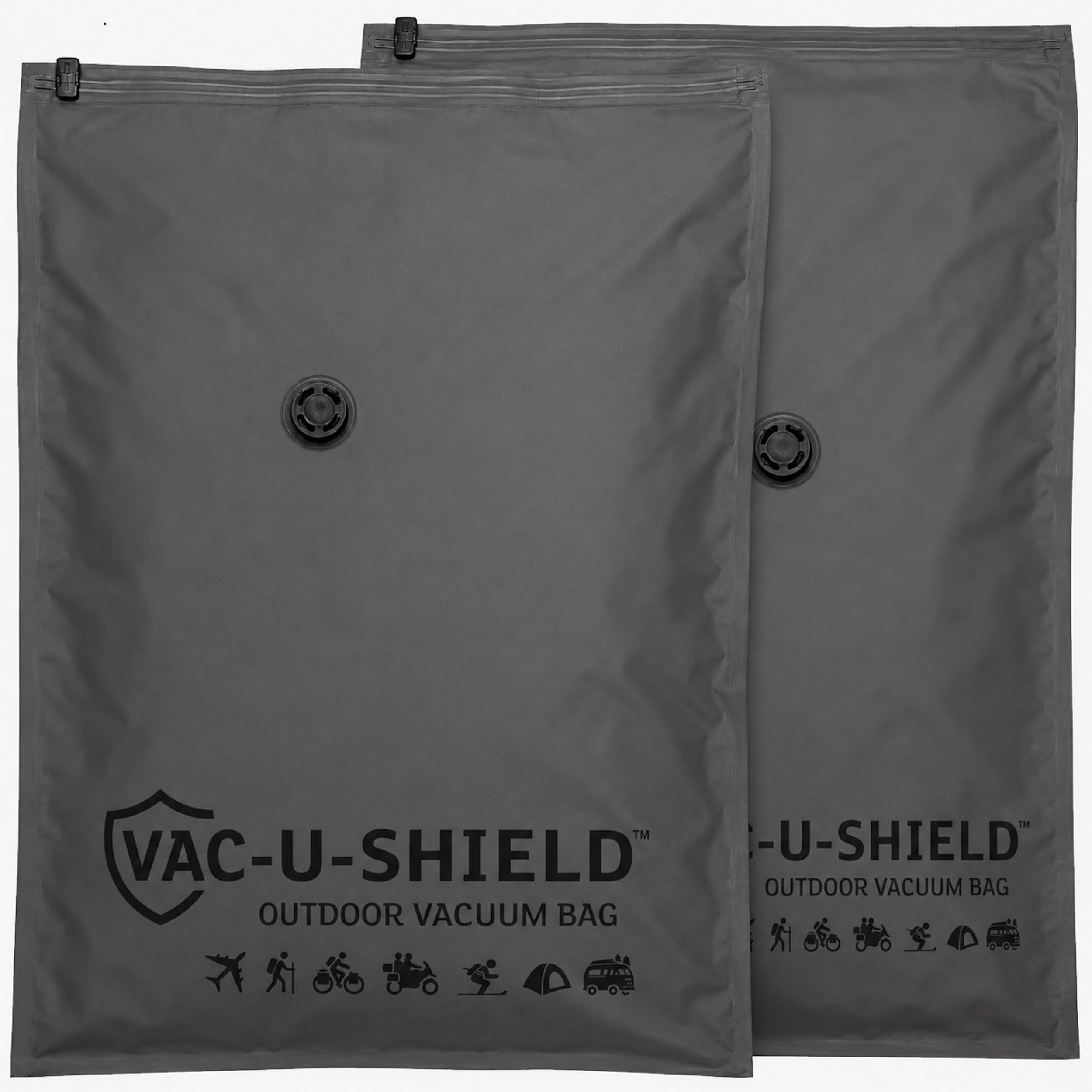 Vac-U-Shield Set 6 Sacchetti Sottovuoto Viaggio Outdoor 3 Misure S M L | 3 misure S M L in tessuto anti-graffio, valvola universale, compressione a mano o con pompa sottovuoto, lunga durata