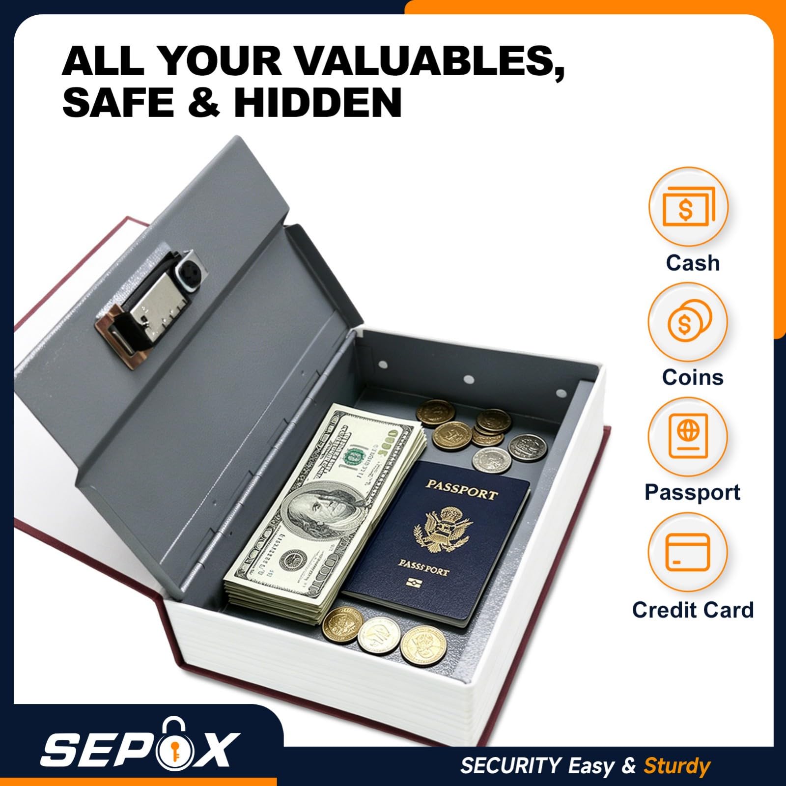 SEPOX Cassaforte portatile a forma di libro con chiave, 14 cm di profondità x 22 cm di larghezza x 4,1 cm di altezza, cassaforte nascosta, perfetta per viaggiare, conservare denaro, gioielli, telefono
