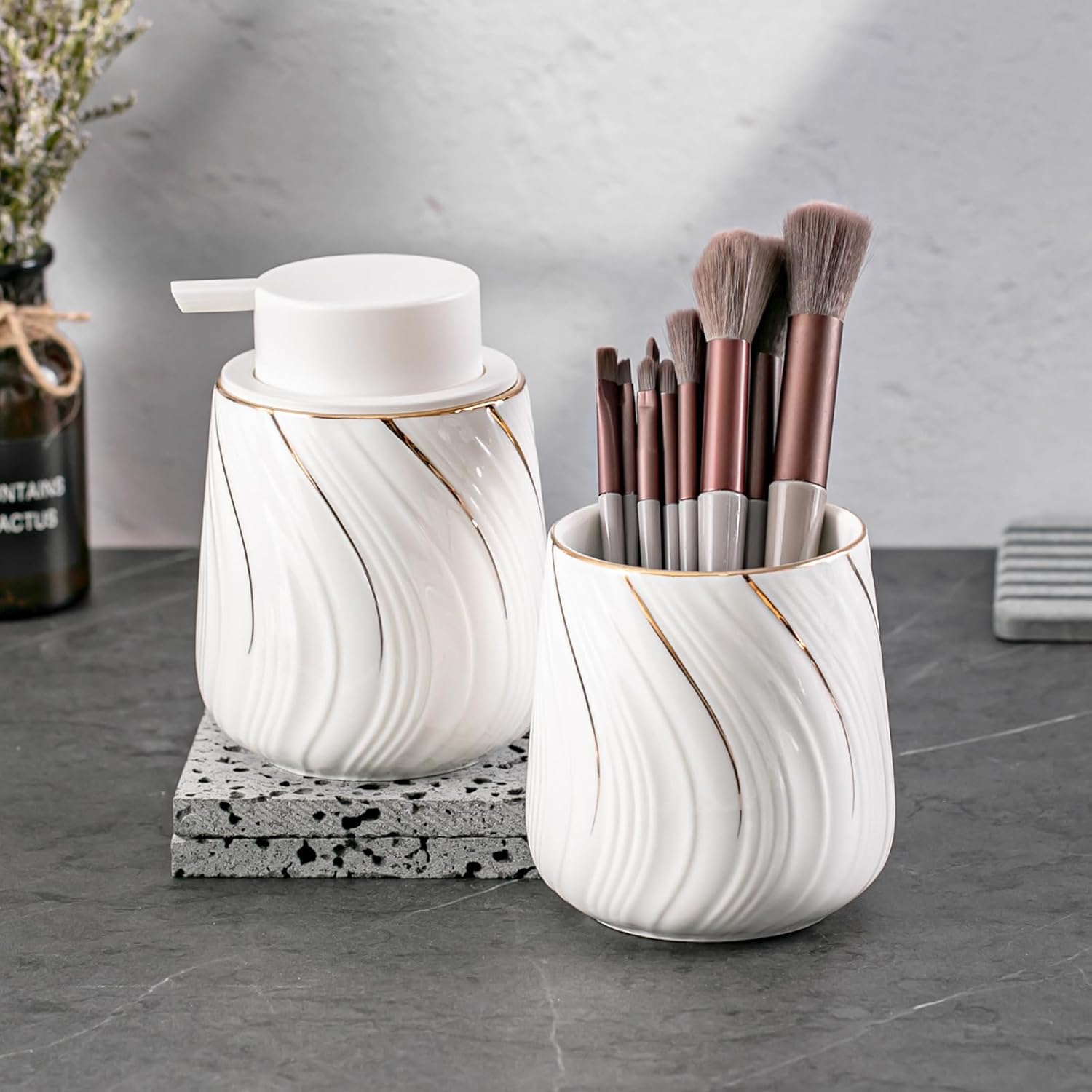 Foam Hand Soap Dispenser - 13.5 oz Ceramic foaming Hand soap Dispenser with Easy-to-Press Pump for Bathroom refillable Liquid Hand soap Dispenser (Foam-White with Gold Thread) - Image 8