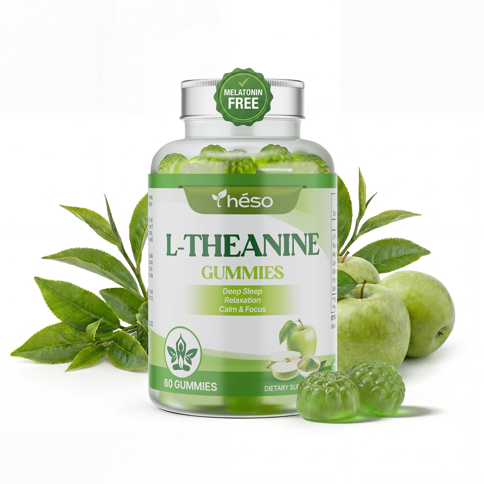 L-Theanine Gummies 400mg with GABA, 5-HTP, Magnesium & Herbal Blend – Calm & Relaxation Support Supplement with Passionflower, Lemon Balm – Green Apple Flavor, 60 Gummies (30 Servings) 60 Count (Pack of 1)