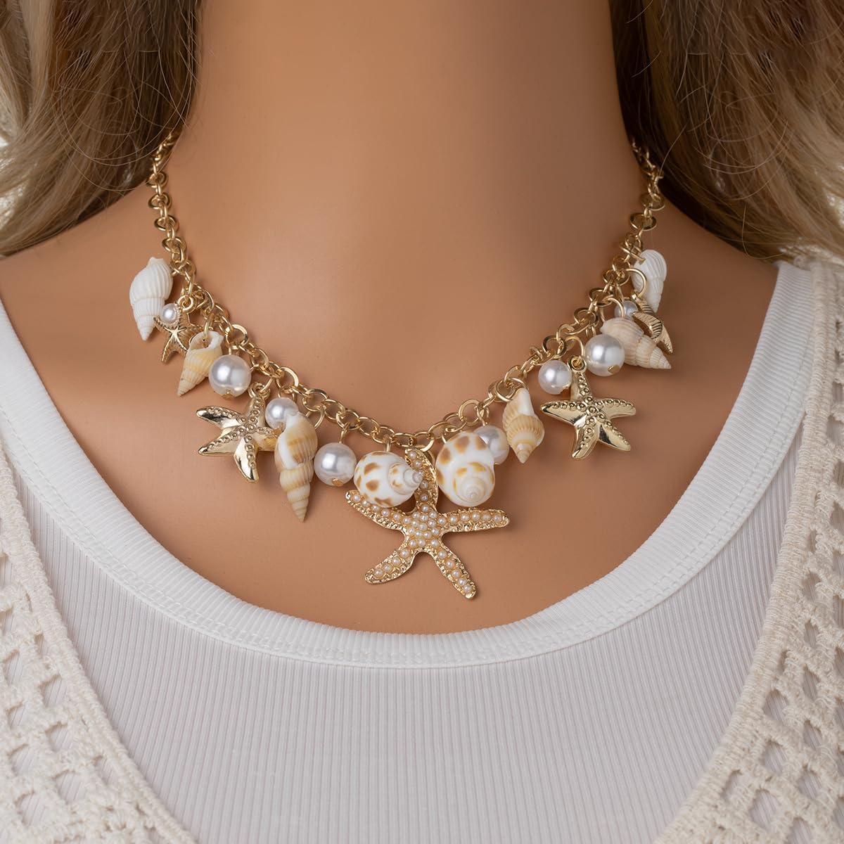 Shell Starfish Necklace Bracelet Conch Statement Chunky Necklace Mermaid Costume Jewelry Beach Jewelry for Women(necklace) - Image 3