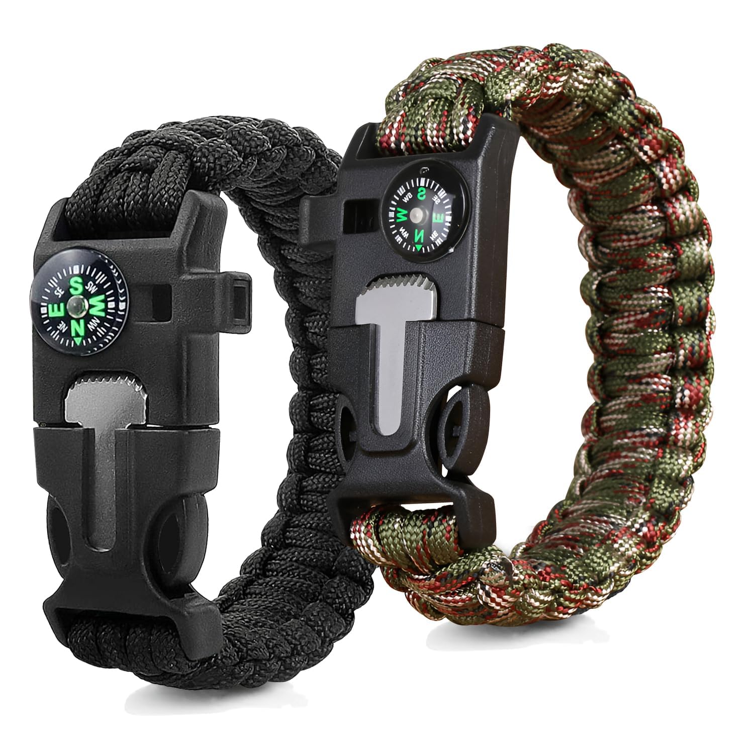 Pulsera de supervivencia de paracord 2 piezas, 5 en 1, cuerda de 3,5 m, piedra de fuego, brújula, silbato, mini cuchillo, ajustable al aire libre, senderismo, Trek