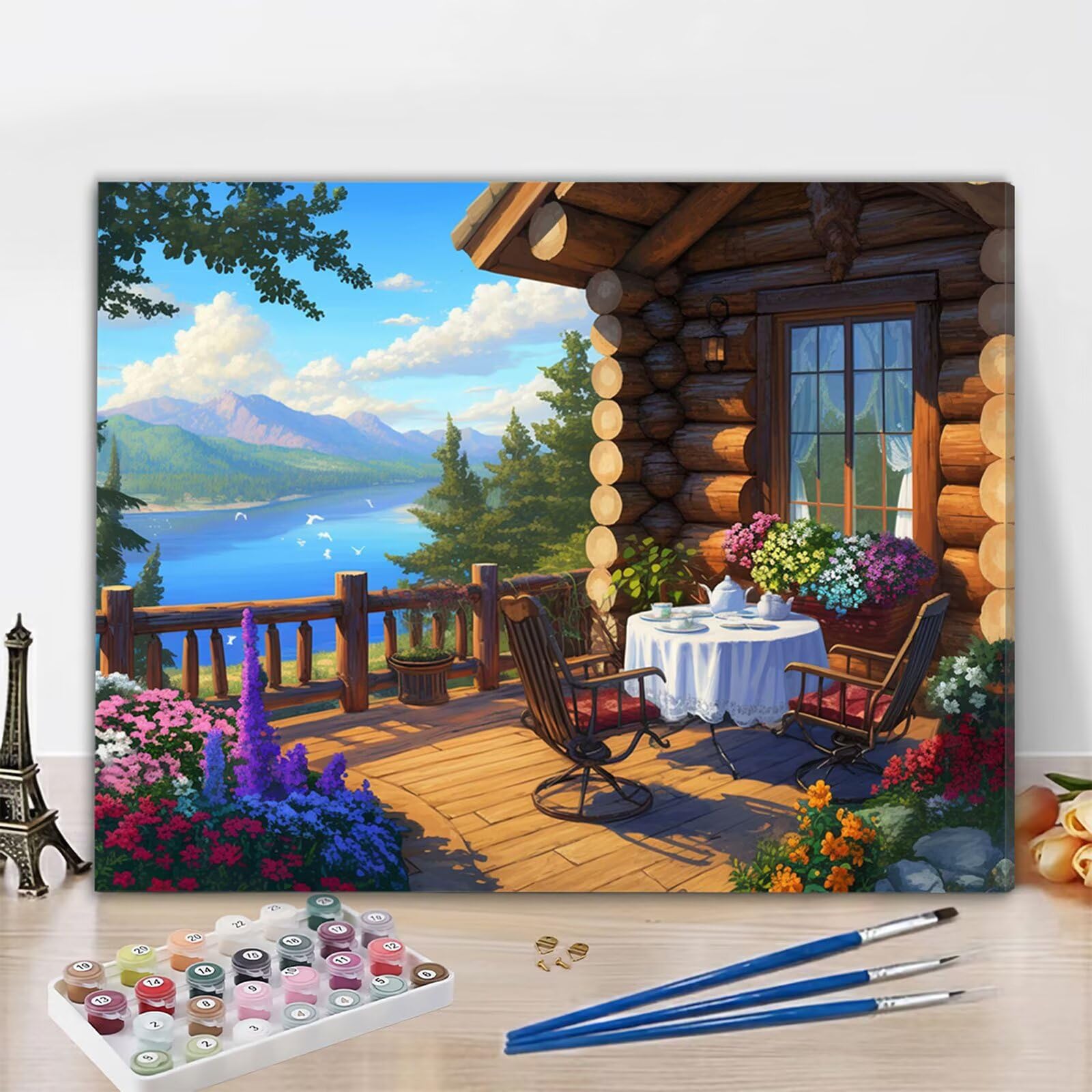 Dipingere con i Numeri Adulti Mare Dipingere con i Numeri Casa di legno Paint by Numbers Hobby Creativi Adulti Fai Da Te Tela di Pittura a Olio Kit, Decorazioni Regalo 60x90cm Senza Cornice Y3-401