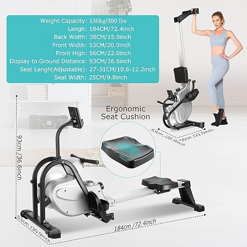 Miniatura 7 de Máquina de remo para uso doméstico, máquina de fila magnética plegable para interiores, capacidad de peso de 300 libras con resistencia de 10