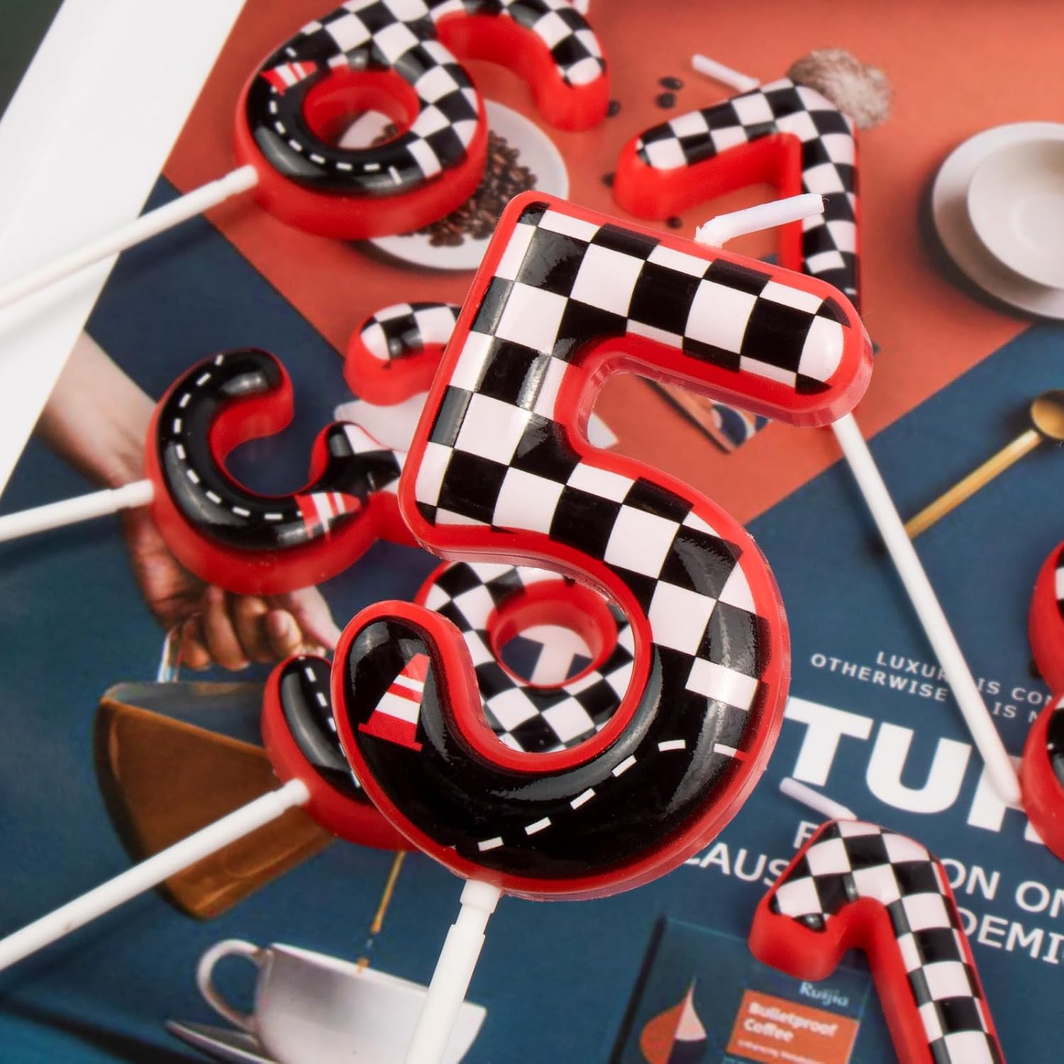 Black and White Plaid Digital Birthday Candles, Racing Theme Party Cake Decoration, Suitable for Cartoon Cars Theme (5)