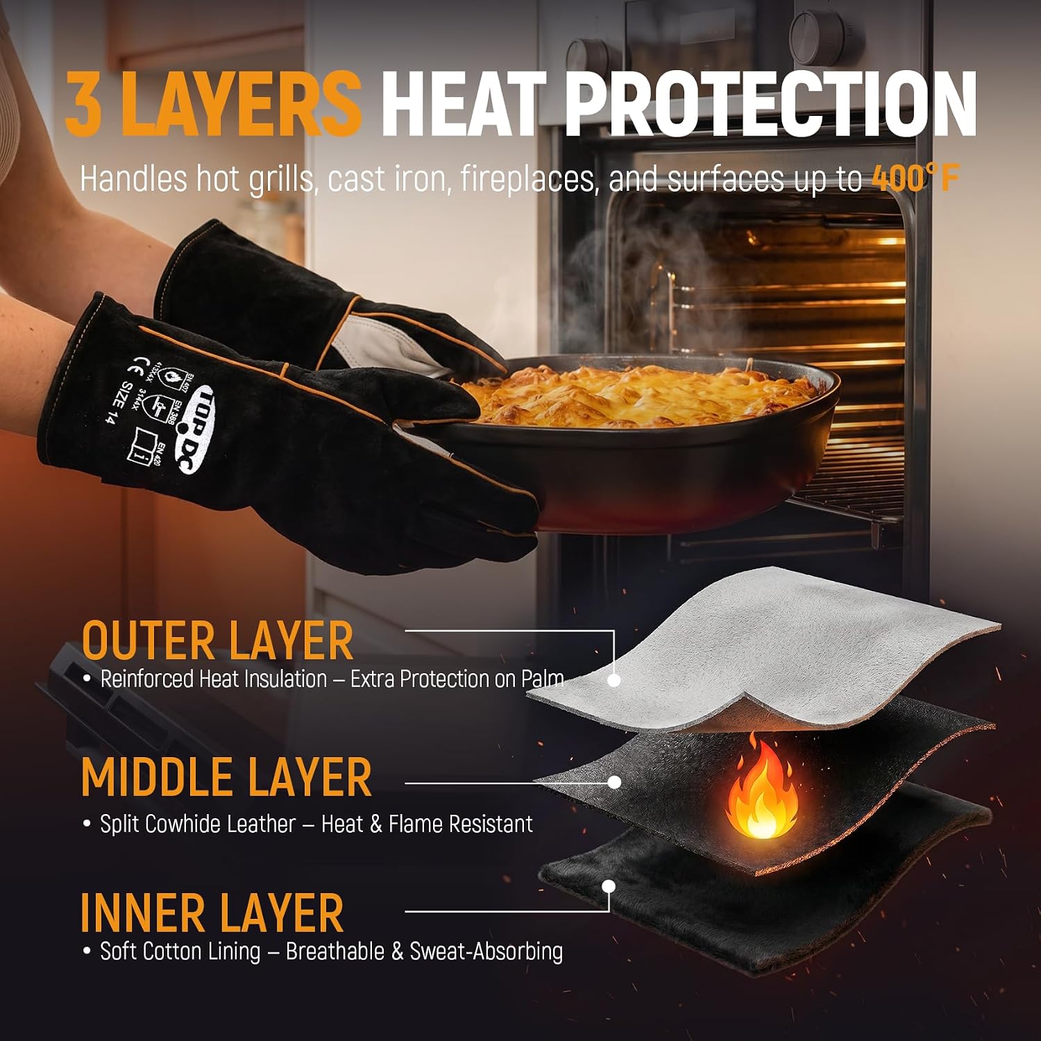 TOPDC 14Inch Welding Gloves 482°F Heat Resistant Leather for Fire Pit Grill image 5