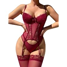 Womens Sexy Lingerie Set with Garter Belt Lace Bodysuit Teddy Baby Dolls Panty with Stockings