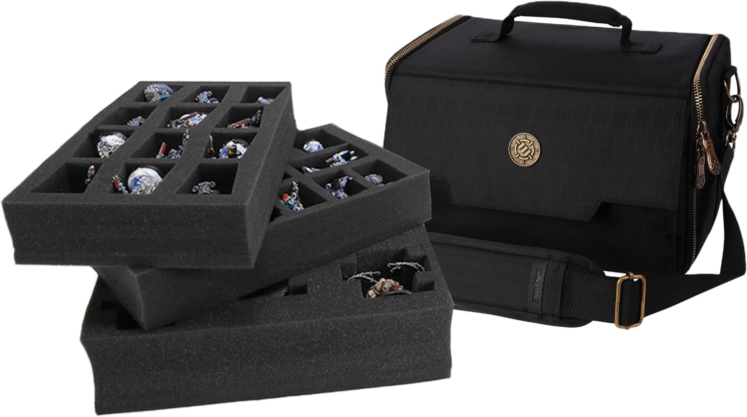 ENHANCE Wide Base Miniature Satchel - Compact Storage & Carrying Case for DnD Miniatures with Strap, 3 Foam Trays (2 Pre-Cut and 1 Pick & Pluck Tray) - Fits Minis 25mm to 40mm (Small - Wide Base)