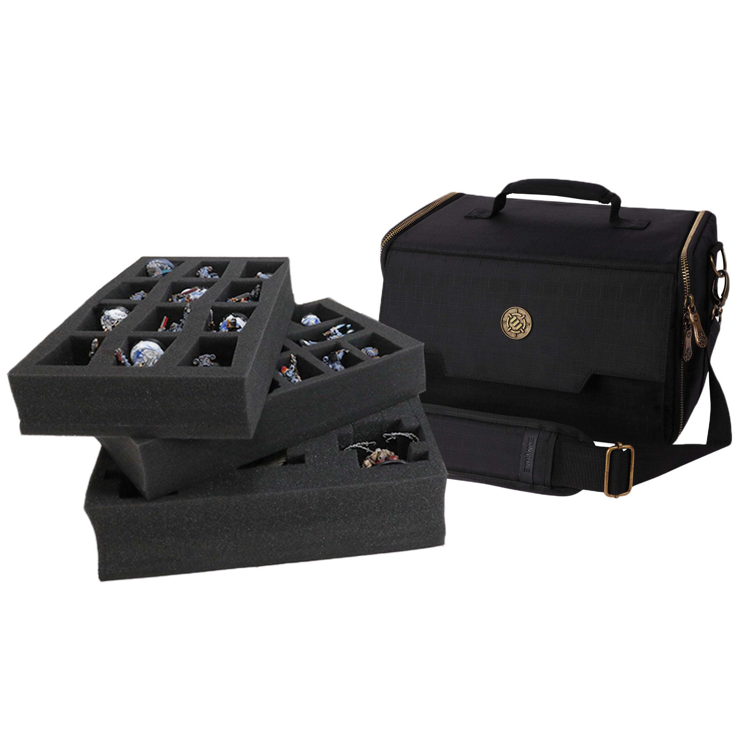 ENHANCE Wide Base Miniature Carrying Case - Compact Storage & Satchel for DND Miniatures with Shoulder Strap, 3 Foam Trays (2 Pre-Cut and 1 Pick & Pluck Tray) - Fits Wide Base Minis 25mm to 40mm