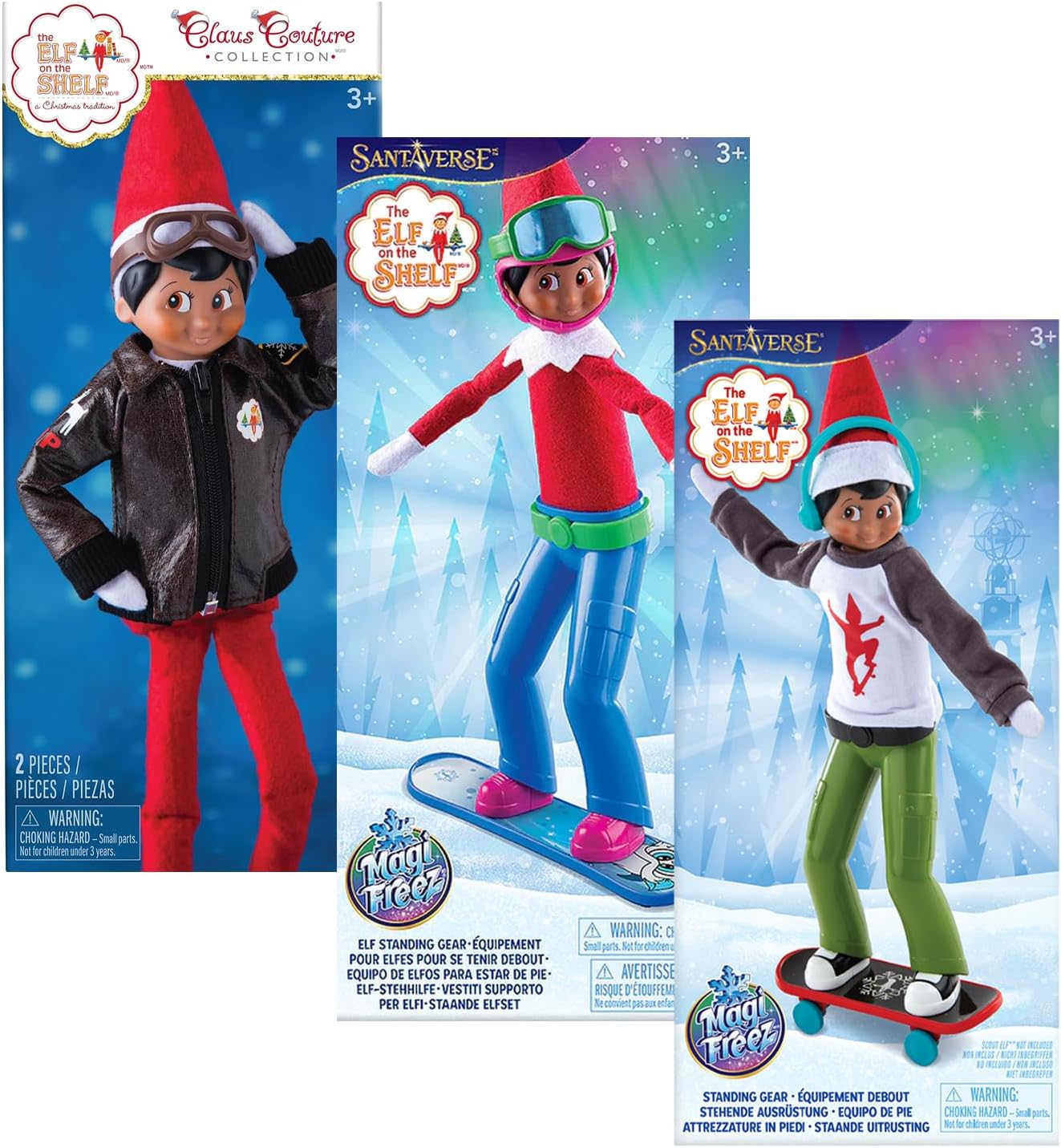 The Elf on The Shelf Active Set: Magi-Freez Swish and Sleigh Snowboarder, Magi-Freez Holly Jolly Skateboarder & Flurry Flight Jacket