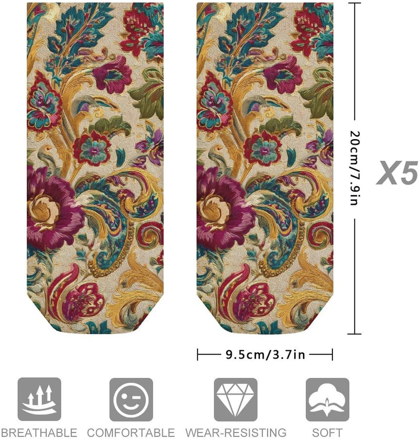 Vintage Paisley Floral Patterned No Show Ankle Socks Low Cut Non Slip Flat Boat Line 5 Pairs Set