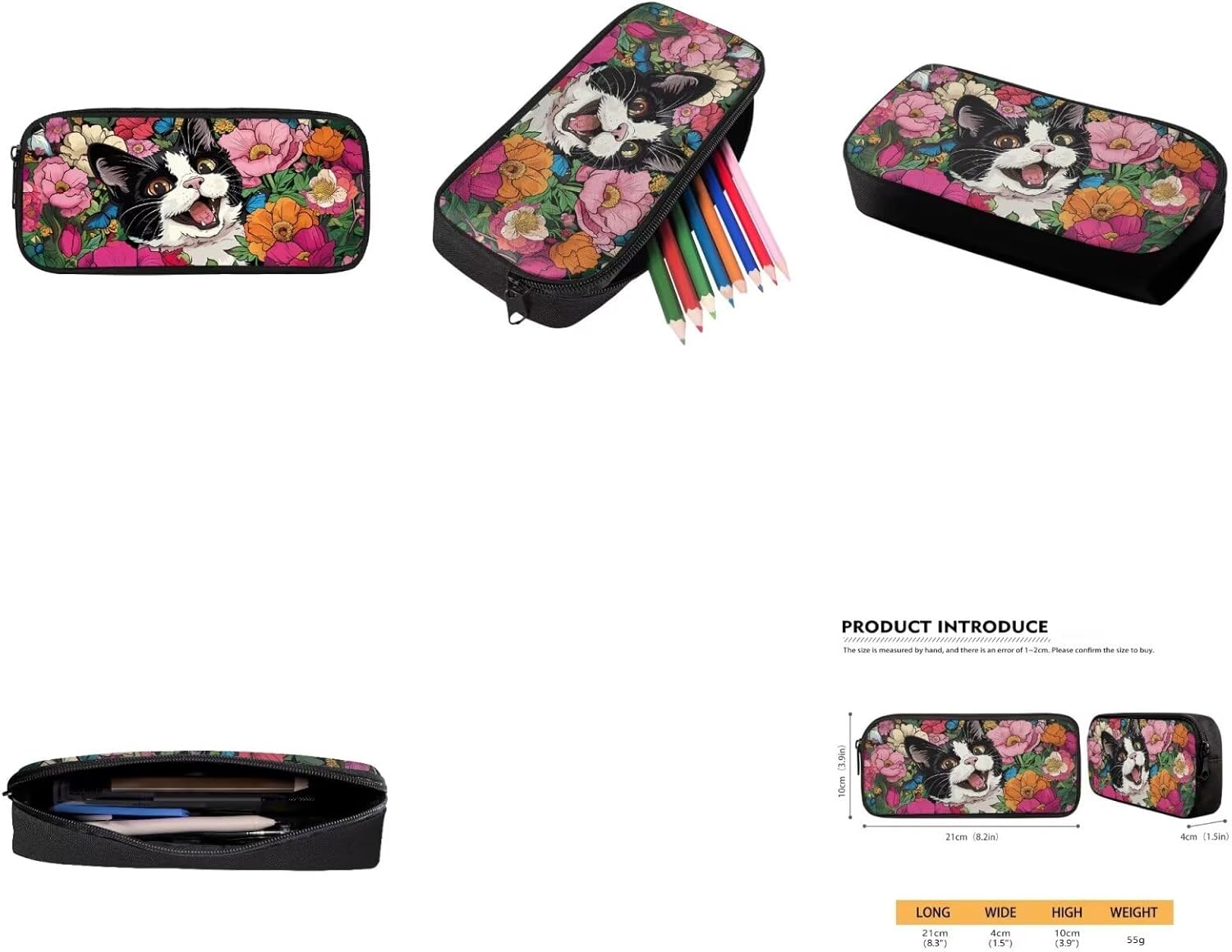 AmzPrint 4Pcs Black Cat Backpack Set For Primary Cute Cat Backpack With Lunch Box Kids Girls Pencil Case Water Bottle Carrier