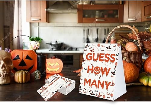 Miniatura 4 de Juego de fiesta de Halloween Adivina cuántos, suministros de recuerdos de fiesta de Halloween, dulce o truco, actividad familiar (1 letrero y 50