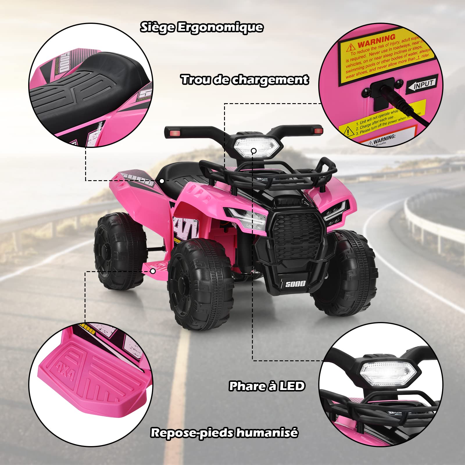COSTWAY Quad Électrique Enfants avec 4 Roues Antidérapantes, Voiture Électrique Enfants avec Musique, Klaxon, Lumière LED, Guidon Lisse, Boîte de Rangement, Charge 20 KG 18-36 Mois (Rose)