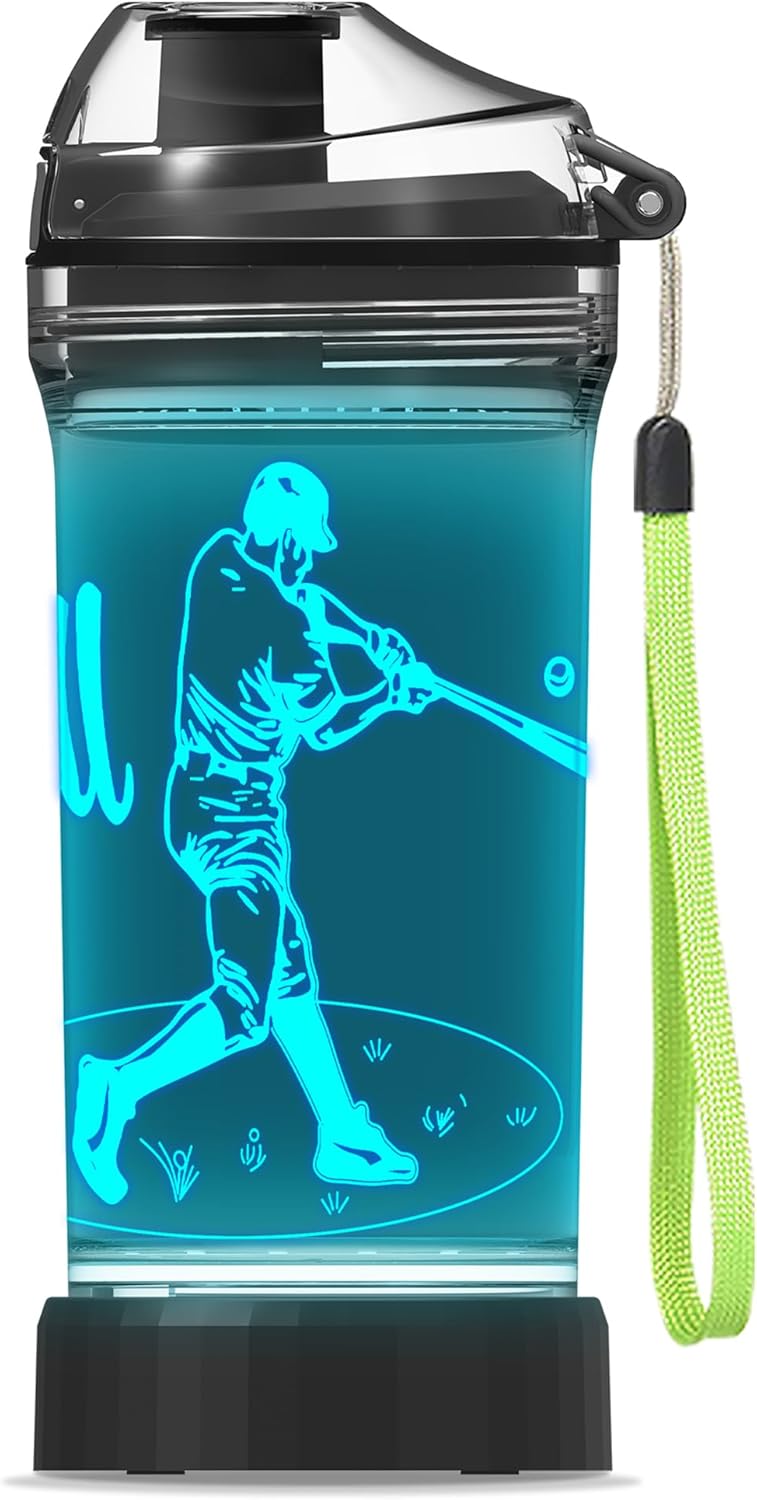 YuanDian Baseball Gifts, Light Up Kids Water Bottle with 3D Baseball Design- 14 OZ Tritan BPA Free - Cool Sports Cups Gift for School Kids Boy Girl Child Christmas Holiday