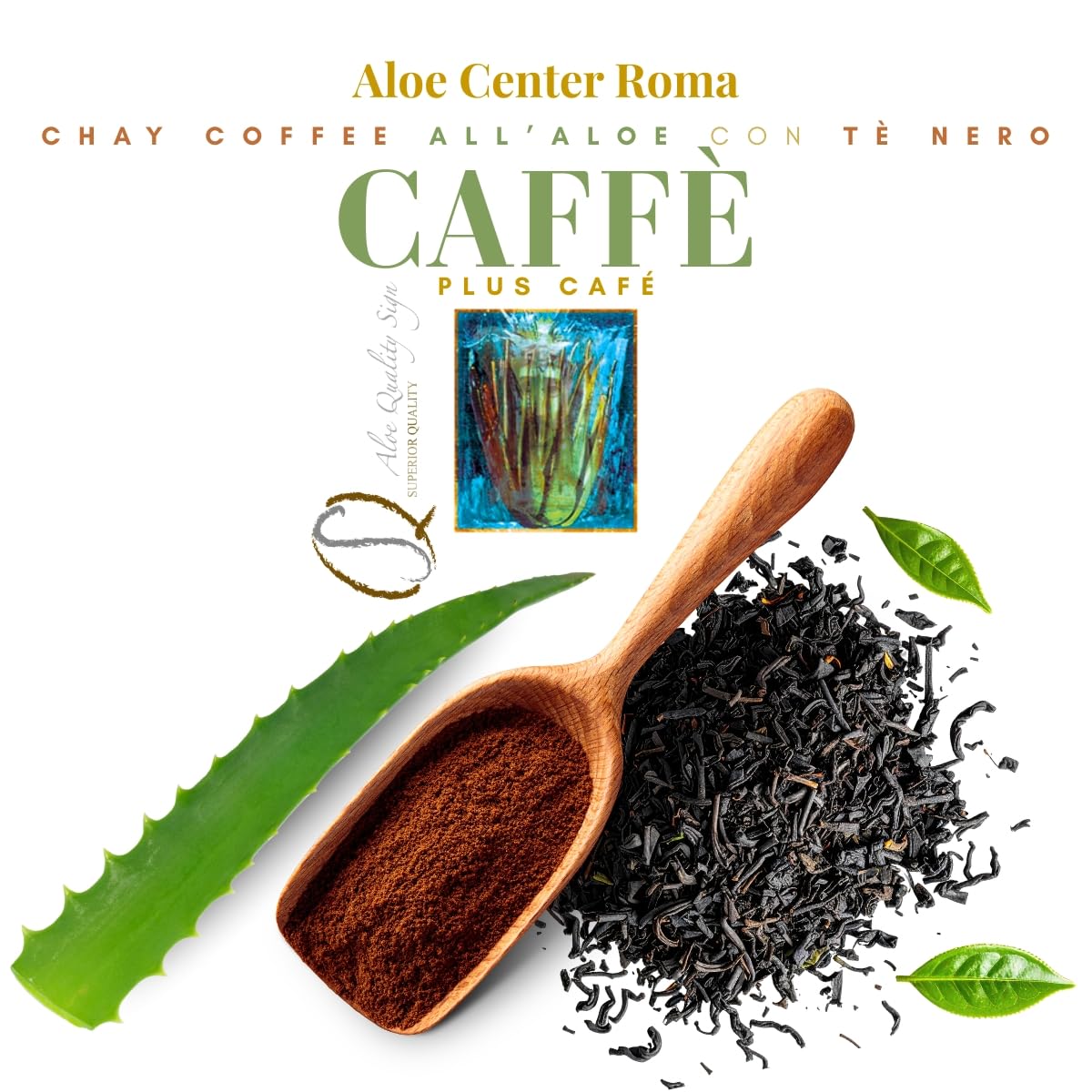 CHAY Coffee all’Aloe con Tè – Caffè Gourmet Arabica Bio Monorigine | Aloe Arborescens Aloe Code Formula | Puro Ceylon Tea Nero | Bevanda Drenante, Naturale – 400g