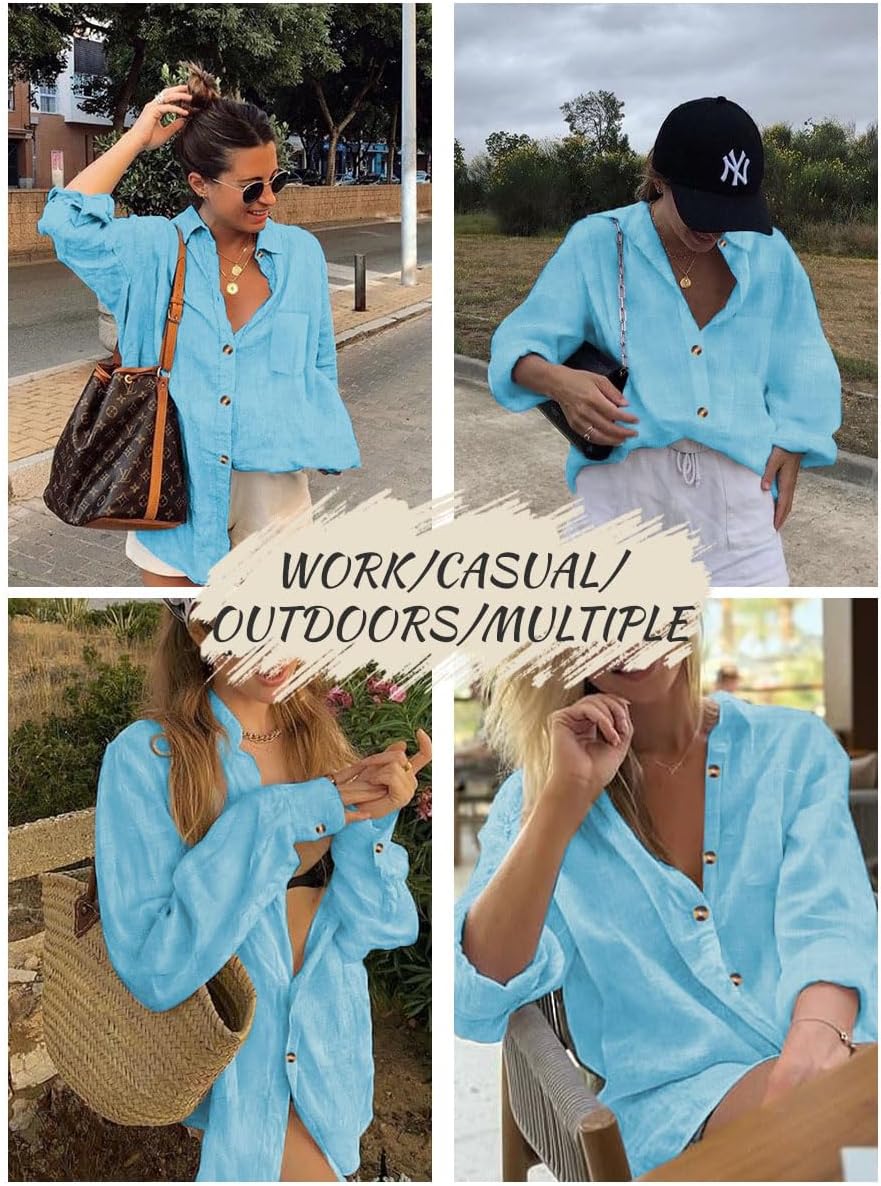 Women's Cotton Linen Button Down Shirt V Neck Roll Up Long Sleeve Collared Blouse Loose Fit Casual Work Tops - Image 5