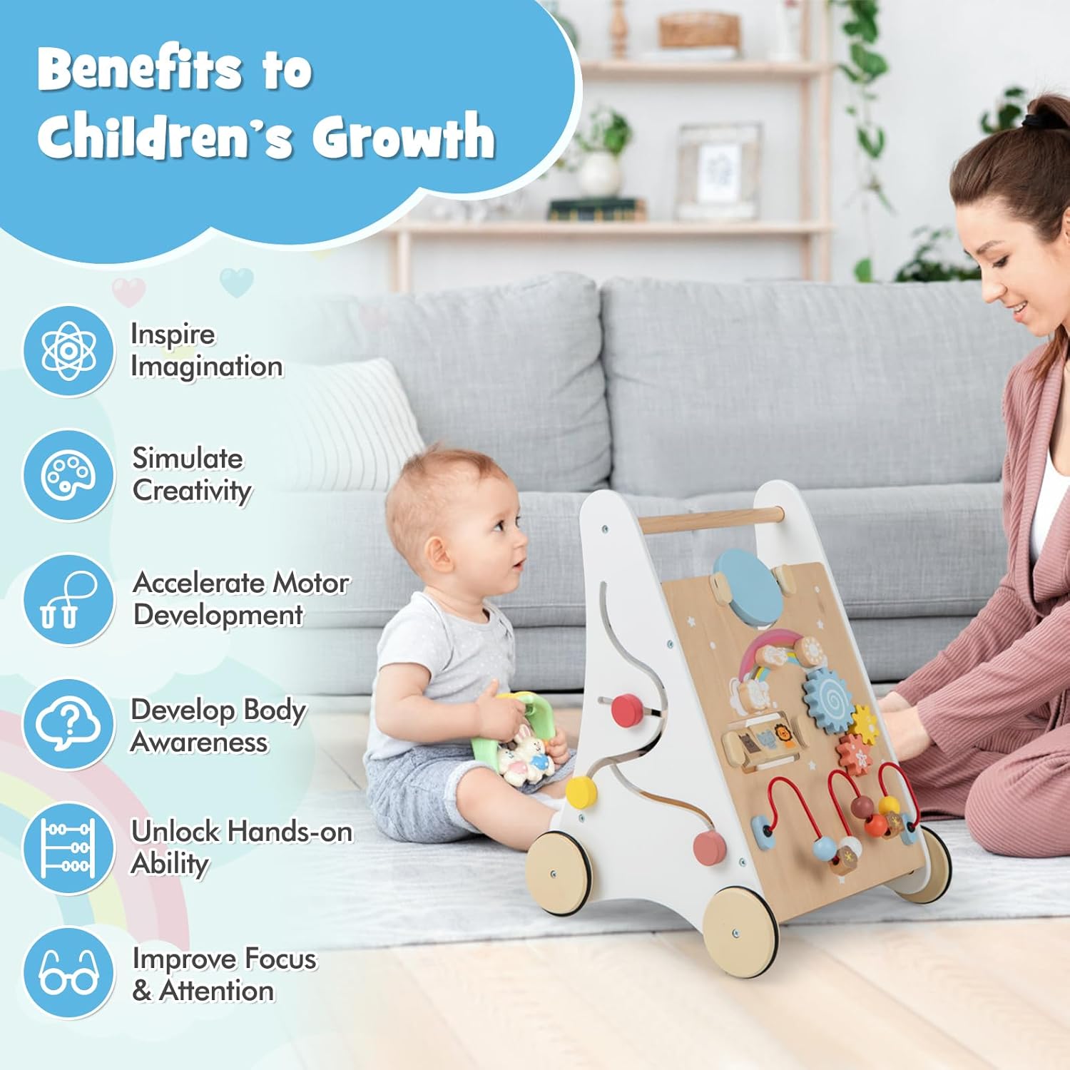 BABY JOY Wooden Baby Walker, Push and Pull Sit-to-Stand Learning Walker Activity Center, Toddler Montessori Educational Toy, Develops Motor Skills & Stimulates Creativity, Push Walker for Boys Girls