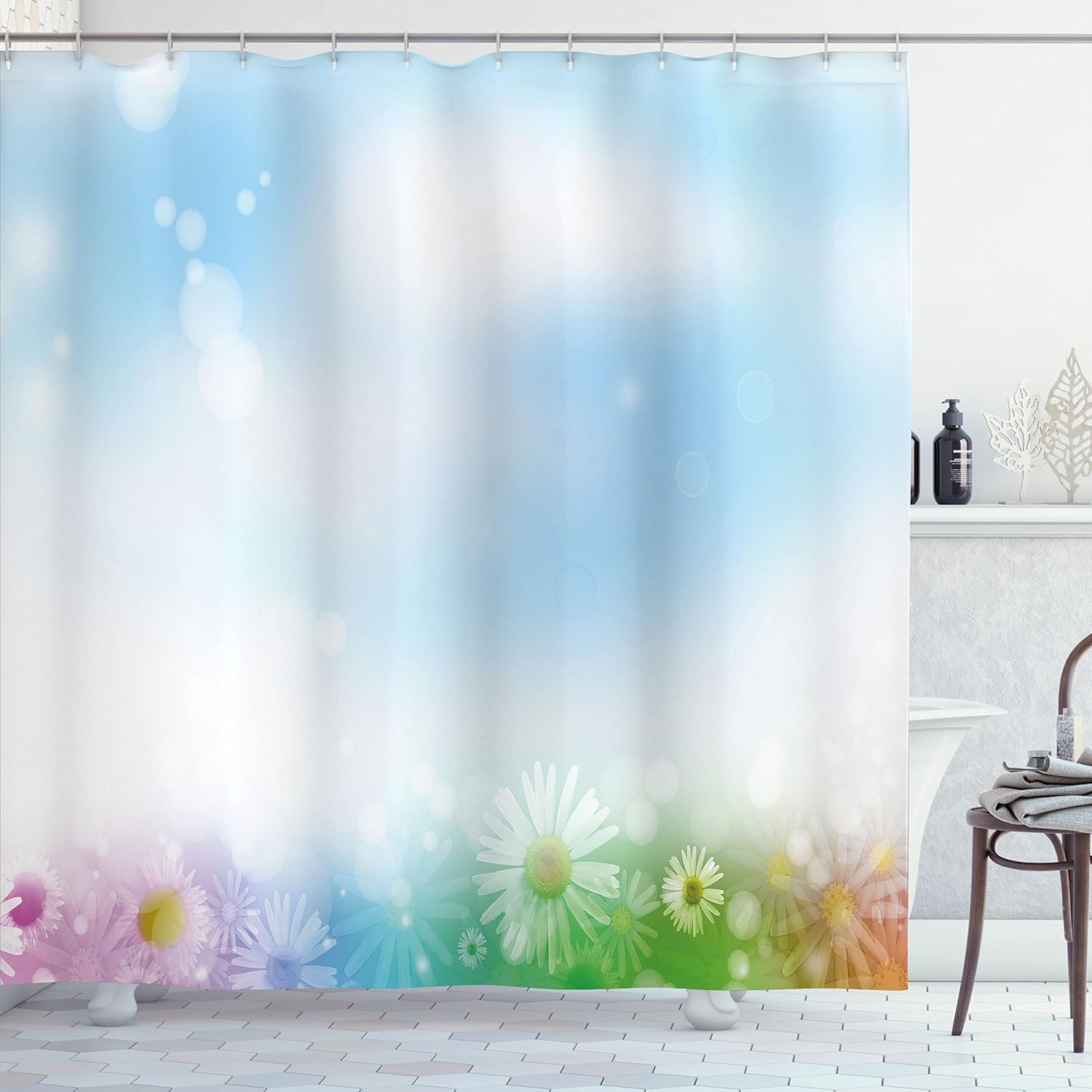 Ambesonne Modern Shower Curtain, Abstract Image Flowers Daisies Leaves Vibrant Beaming Sun Artwork Print, Cloth Fabric Bathroom Decor Set with Hooks, 69" W x 84" L, Blue Green