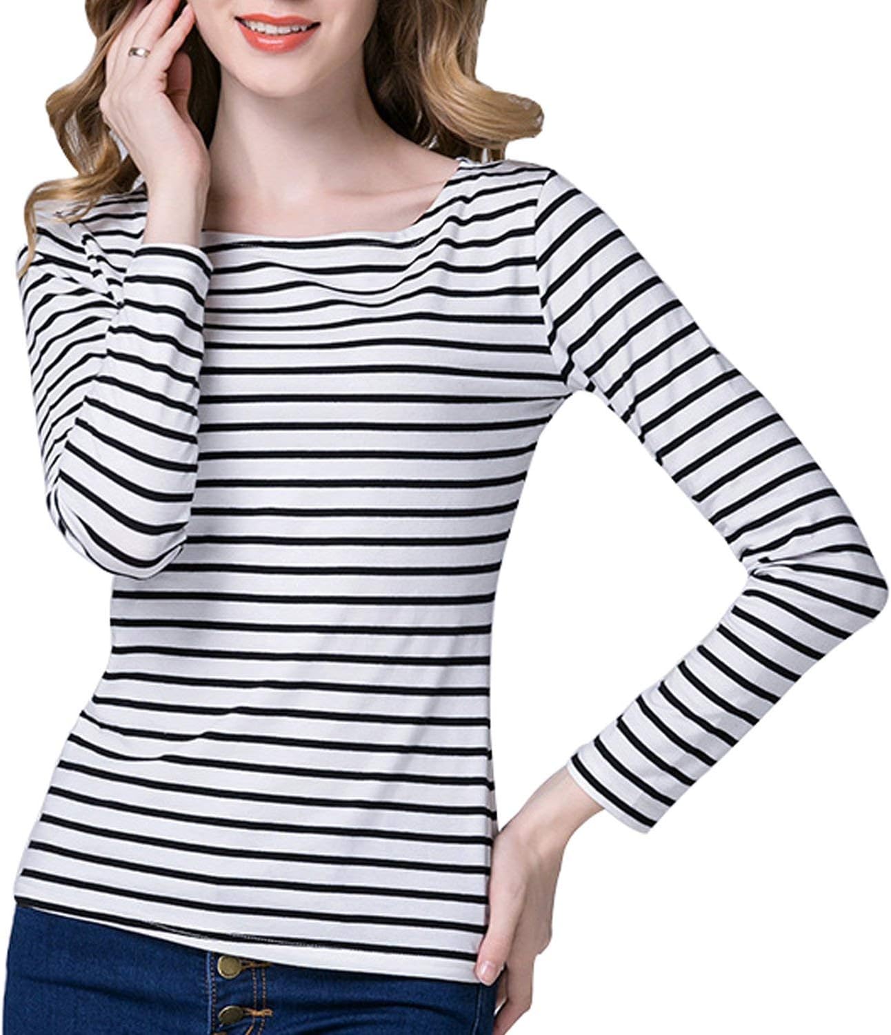 Tulucky Women's Casual Long Sleeve Shirts Stripe Tees Round Neck Tank Tops - Image 2