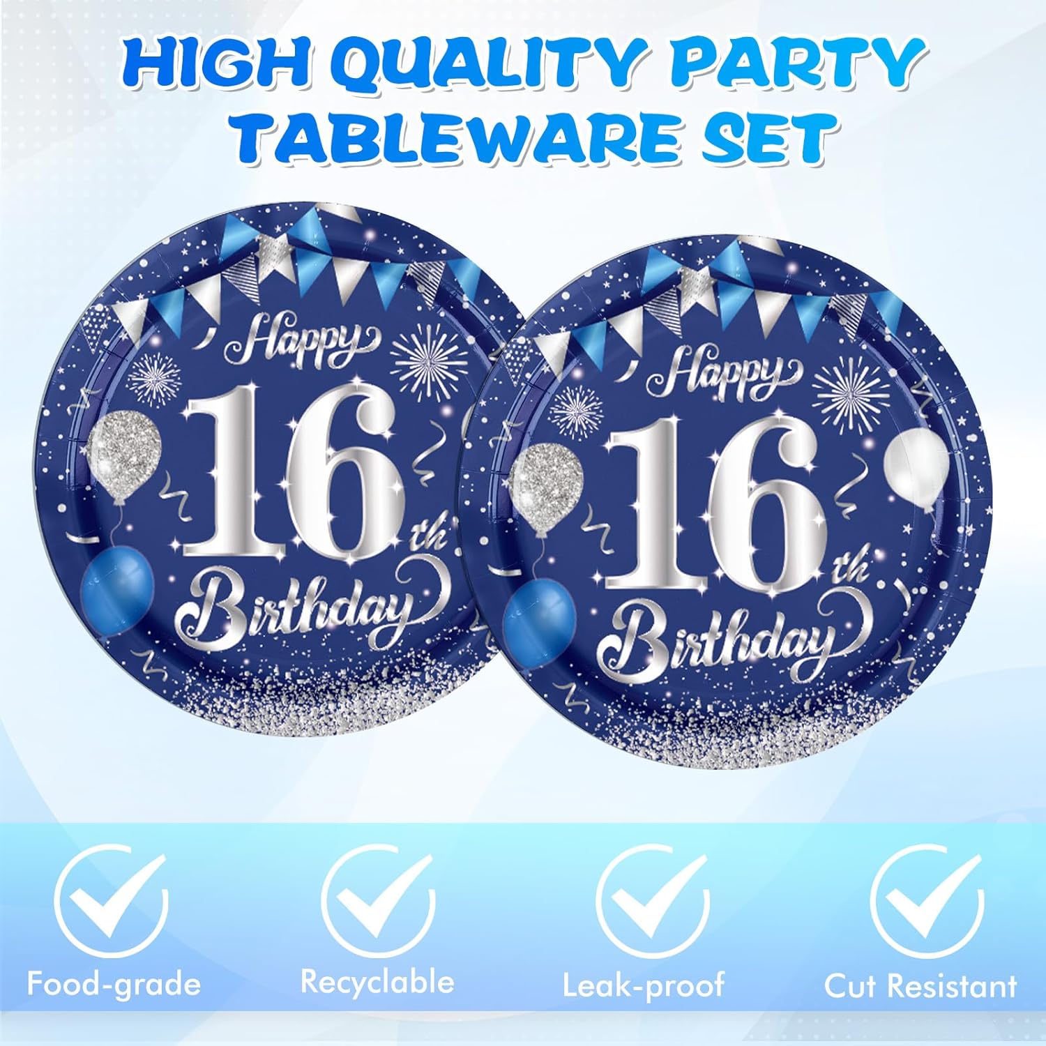 16th Birthday Decorations for Boys16th Birthday Party Tableware Set 16 Years Old Birthday Party Dessert Plates Napkins Blue and Silver Happy 16th Birthday Party Decorations Supplies for Boys Girls - Image 3