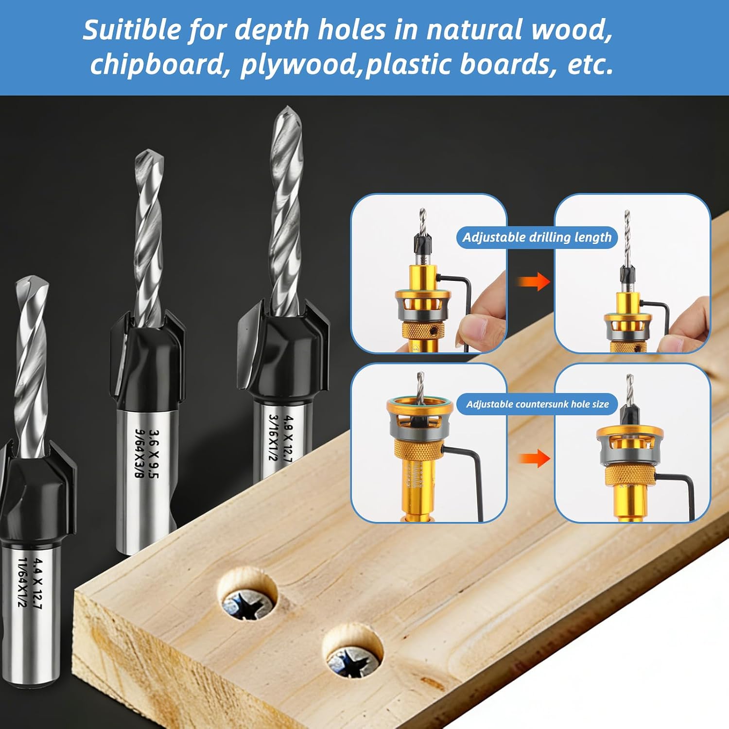6Pcs Countersink Drill Bits Set with Depth Stop (1/8" 9/64" 5/32"+3/8" 82° Counter Bore,11/64" 3/16"+1/2" 82° Bore), Quick Change Hex Shank Countersink Drill with Phillips Bit for Woodworking Plastic