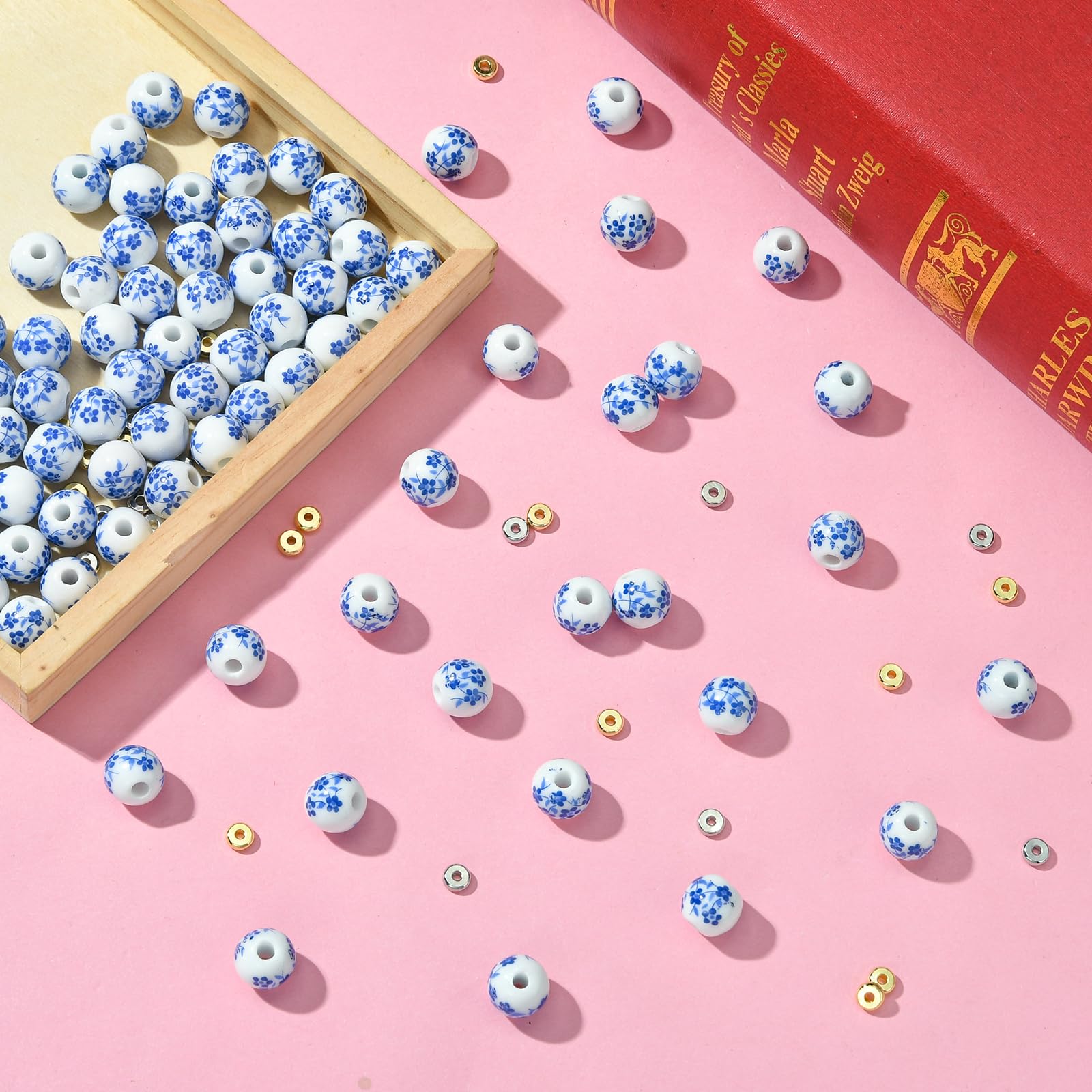 140 perline rotonde in ceramica per la creazione di gioielli con fiore blu stampato perline distanziali kit per braccialetti collane e forniture fai da te