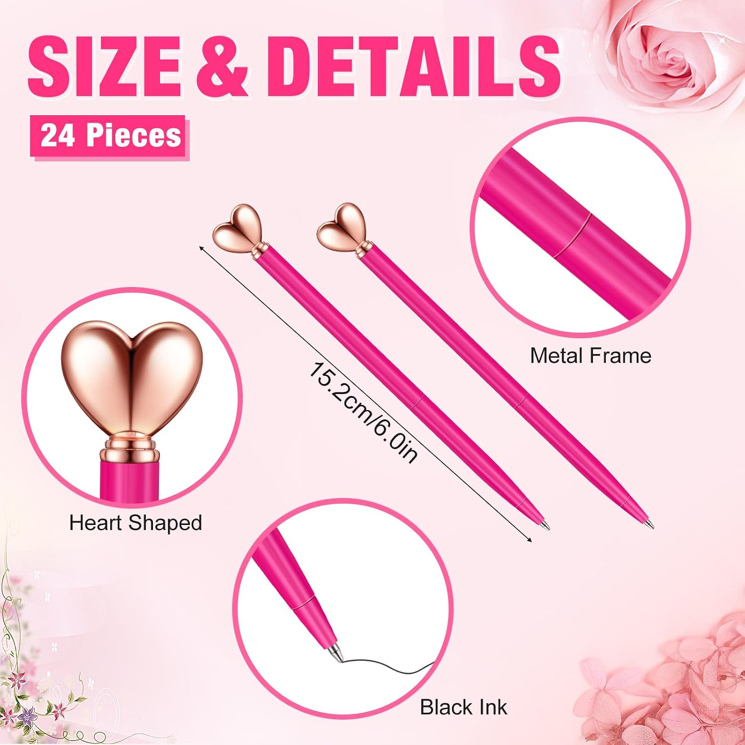 Chinco 12 Pcs Heart Shaped Pens Retractable Metal Pens 1.0 mm Black Ink Ballpoint Cute Decorative Engagement Gifts for Women Wedding Bridal Shower Sleepover Party Favors(Rose Red, Rose Gold) image 5