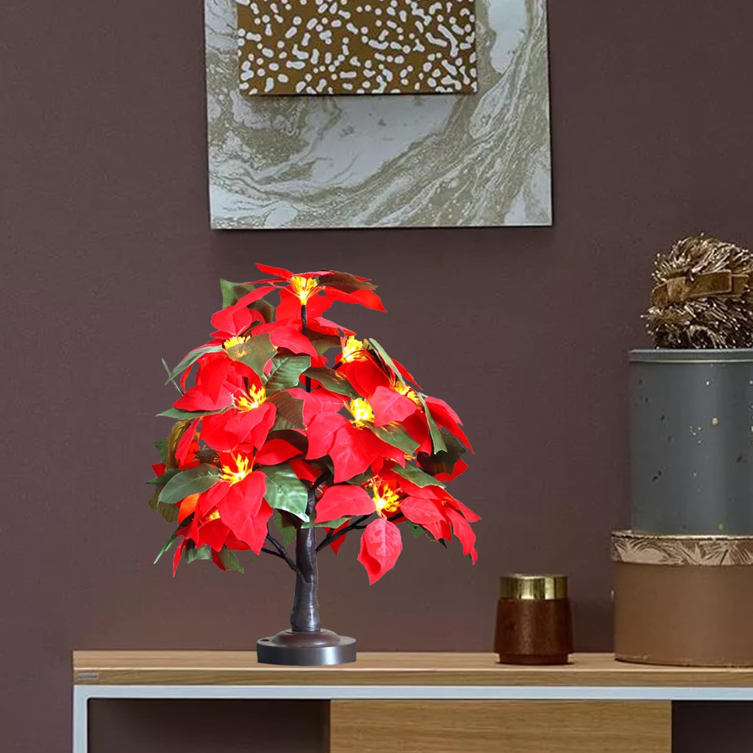 FUCHSUN Christmas Poinsettia Tree Light 18 LED Lighted Artificial Tabletop Poinsettia Flower Tree Lamp for Holiday Home Decoration, Battery & USB Powered, Timer & 8 Lighting Modes