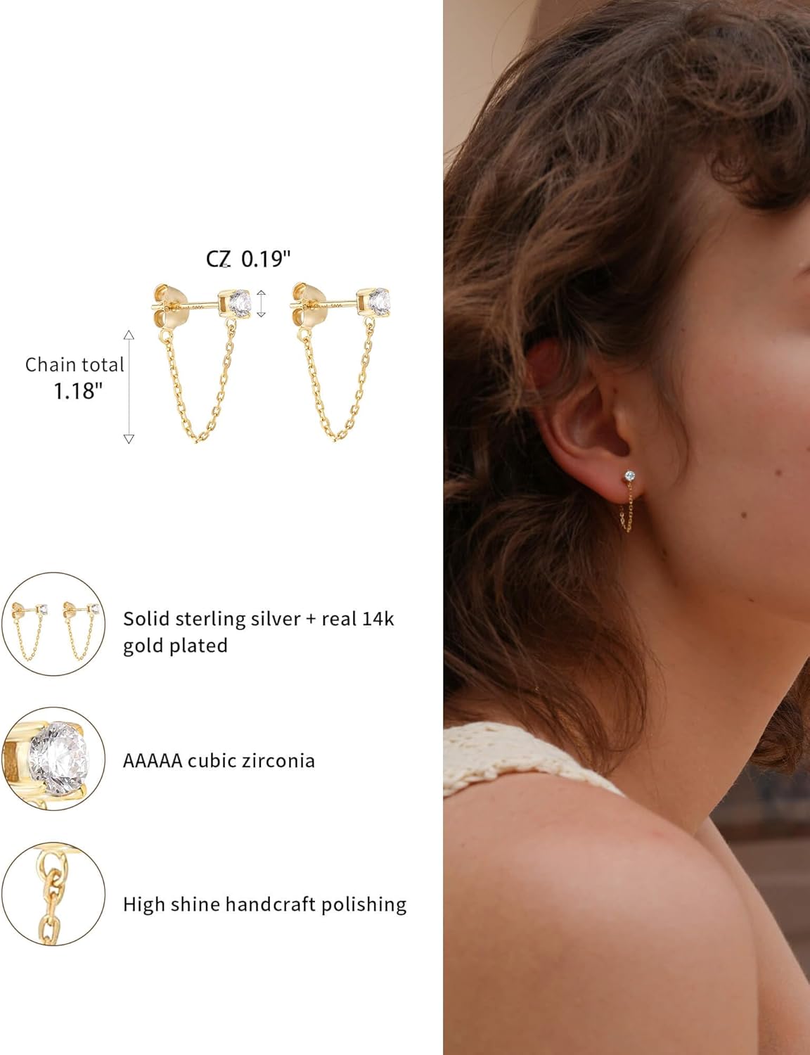 S.Leaf Gold Chain Earrings for Women Sterling Silver Gold Plated Hypoallergenic Cubic Zirconia Pearl Ball Butterfly Stud with Chain Earrings Birthday Gifts for Women - Image 8