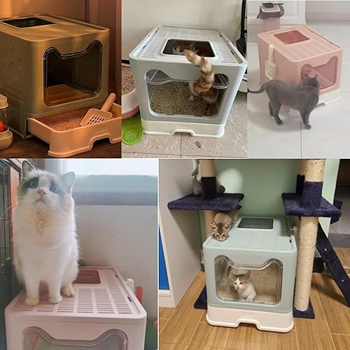 Miniatura 2 de Hamiledyi Caja de arena plegable grande para gatos con entrada superior con cajón, inodoro para gatos antisalpicaduras con tapa, incluye pala y Gris