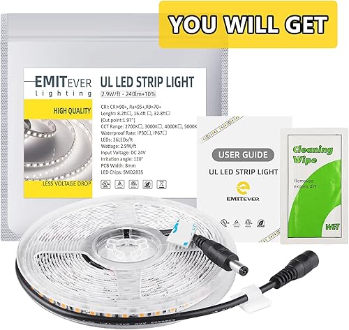 Miniatura 5 de EMITEVER Tira de luces LED de color blanco cálido, 2700 K 24 V, luz de cinta LED con certificación UL, Ra 95+, IP30, 32.8 pies, 2.9 Wpies, 240